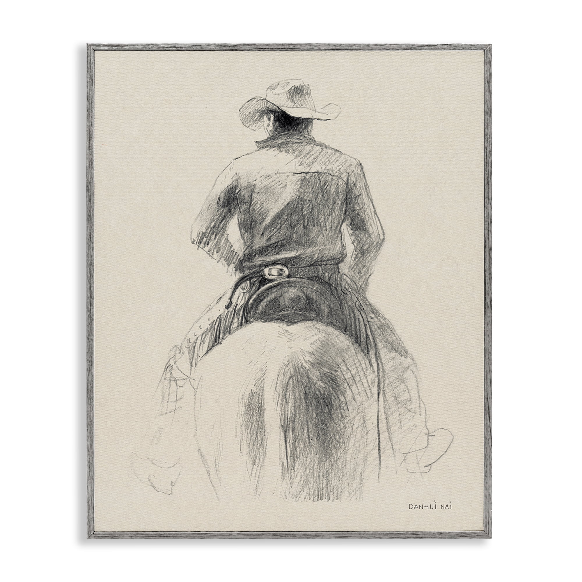 Stupell Industries Traditional Drawing of Cowboy People Drawing Gray Framed Art Print Wall Art, 16 x 20