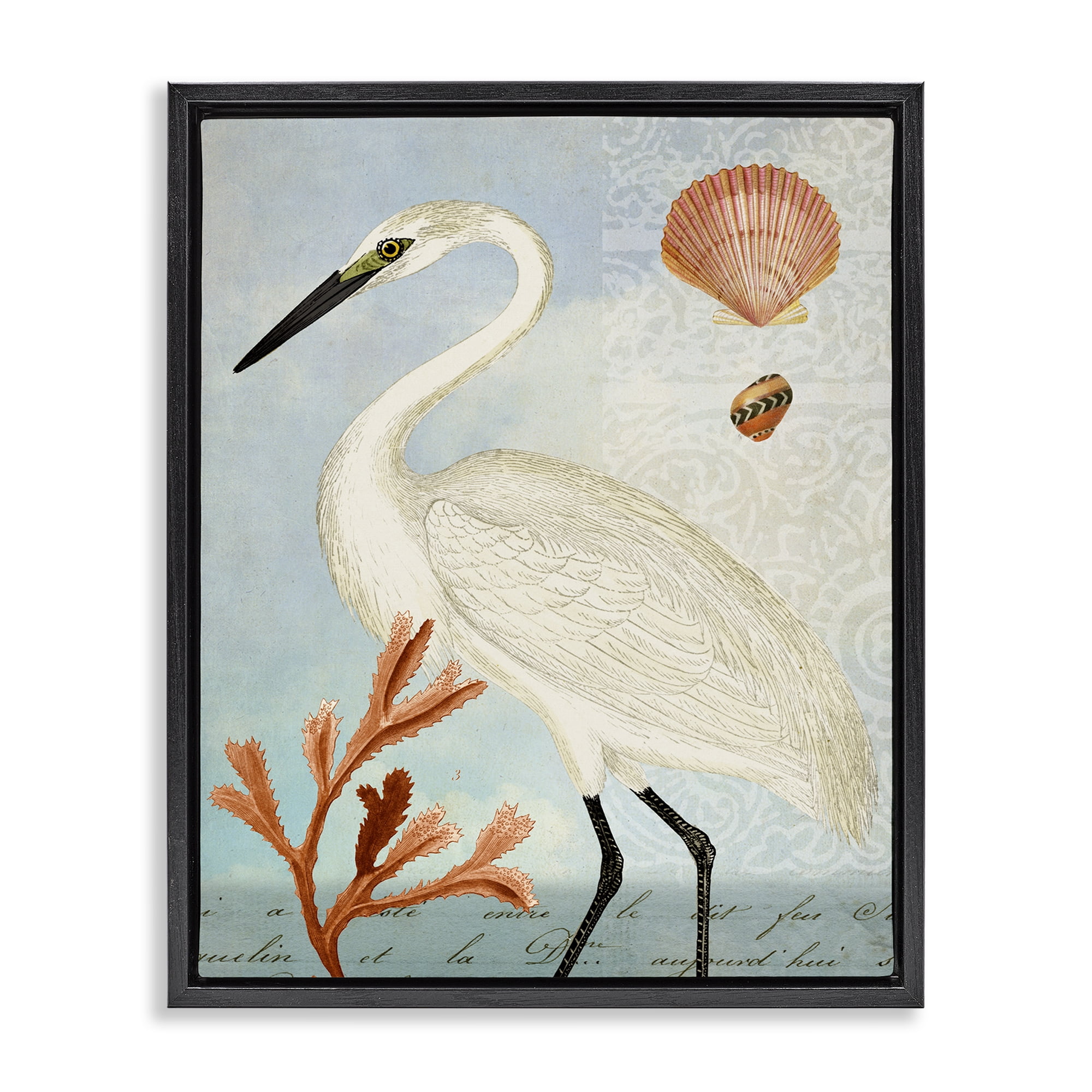 Stupell Industries Traditional Egret Aquatic Motif Animals & Insects Painting Black Floater Framed Canvas Art Print Wall Art, 25 x 31
