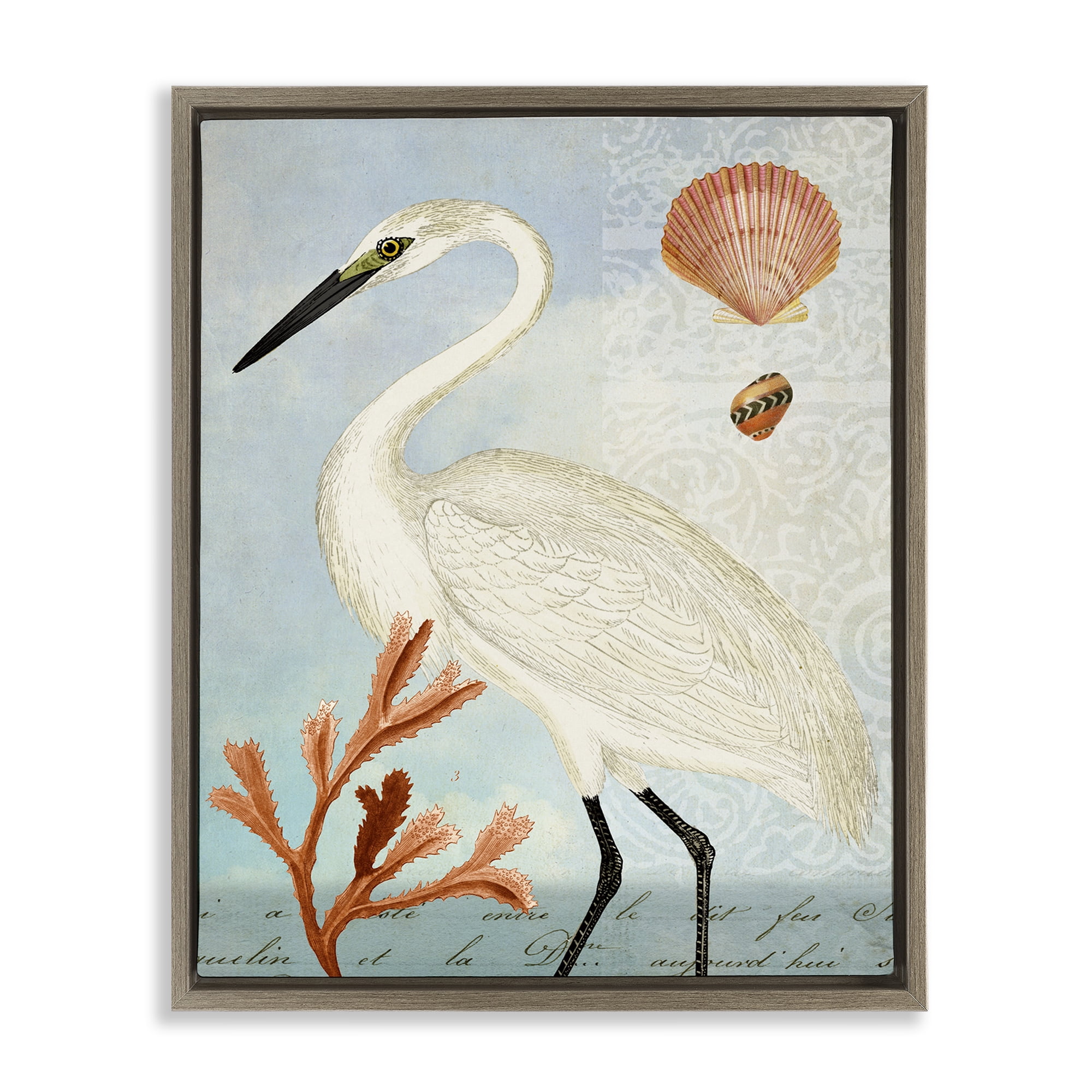 Stupell Industries Traditional Egret Aquatic Motif Animals & Insects Painting Brown Floater Framed Canvas Art Print Wall Art, 17 x 21