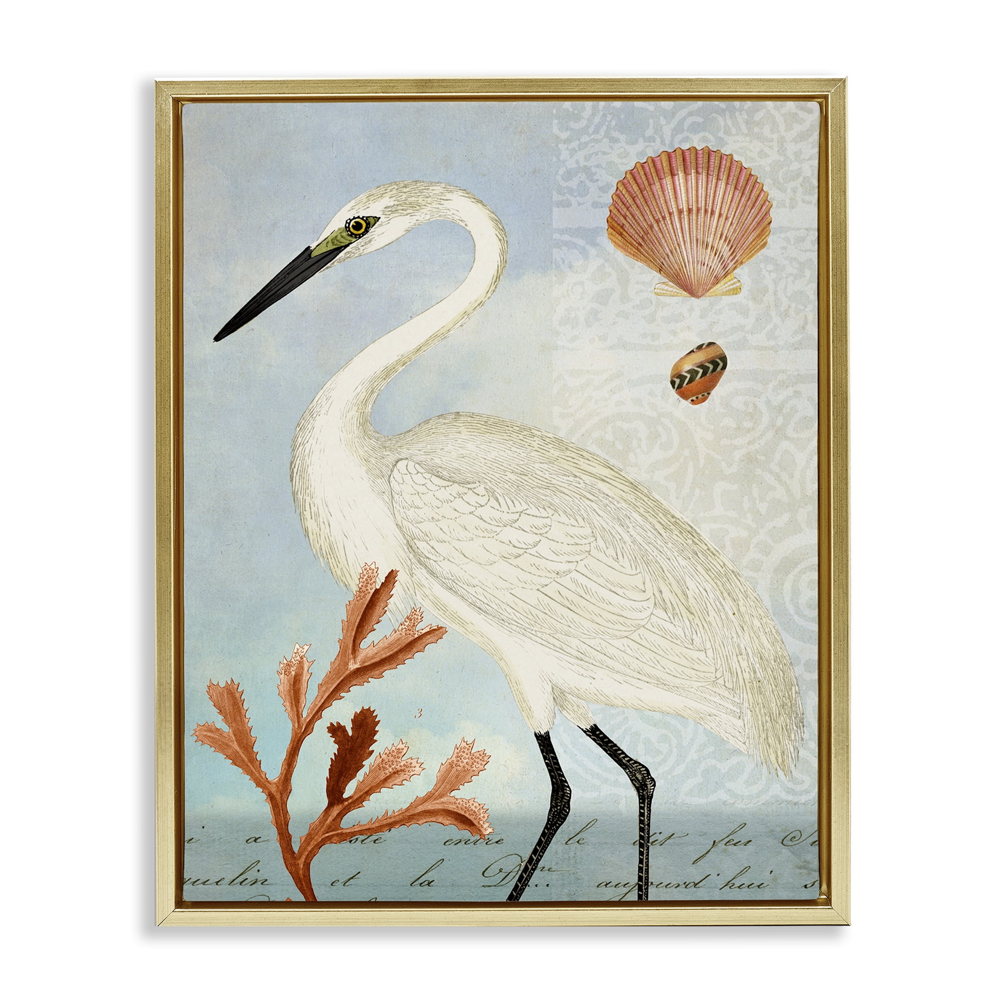 Stupell Industries Traditional Egret Aquatic Motif Animals & Insects Painting Gold Floater Framed Canvas Art Print Wall Art, 25 x 31