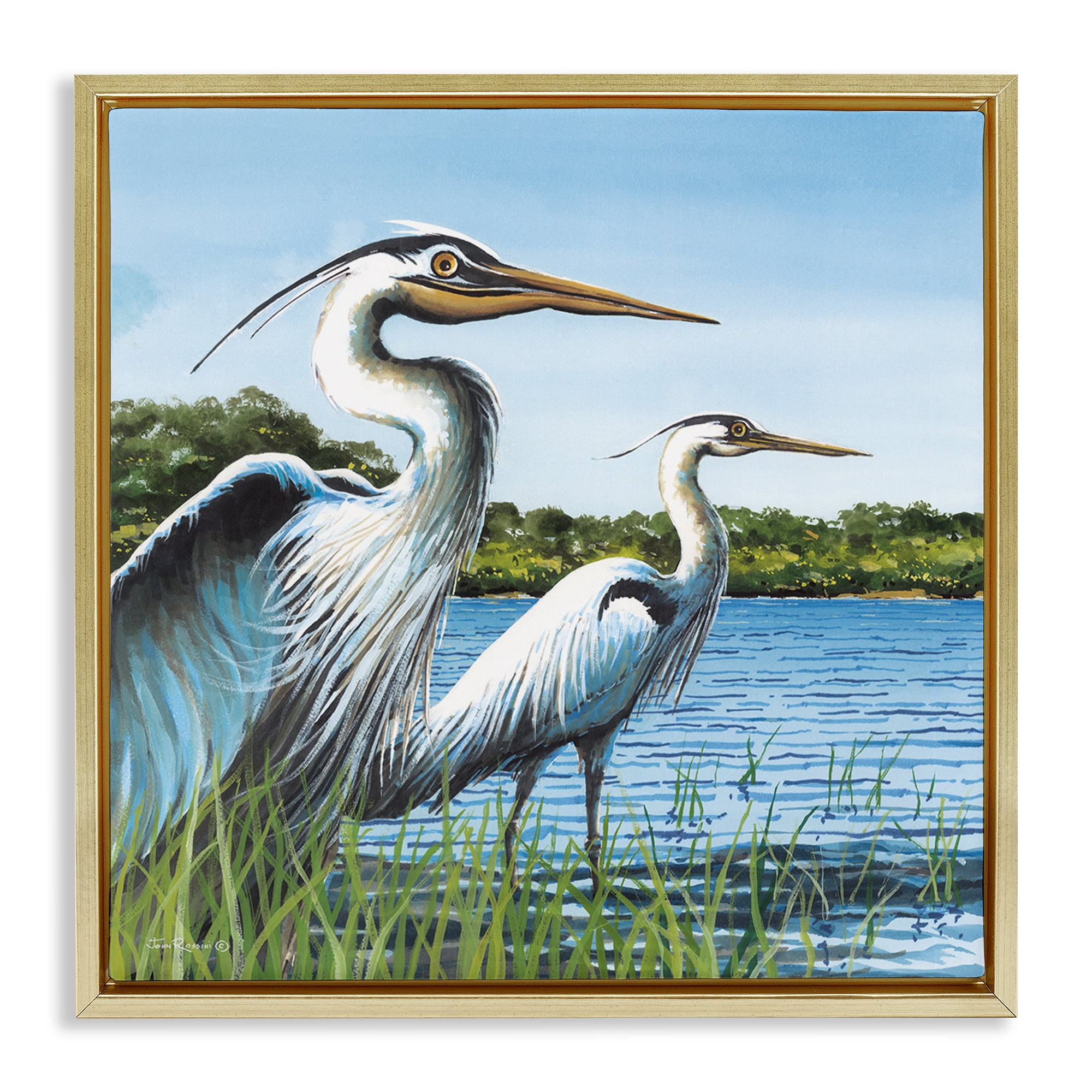 Stupell Industries Traditional Egrets Gazing Animals & Insects Painting Gold Floater Framed Canvas Art Print Wall Art, 18 x 18