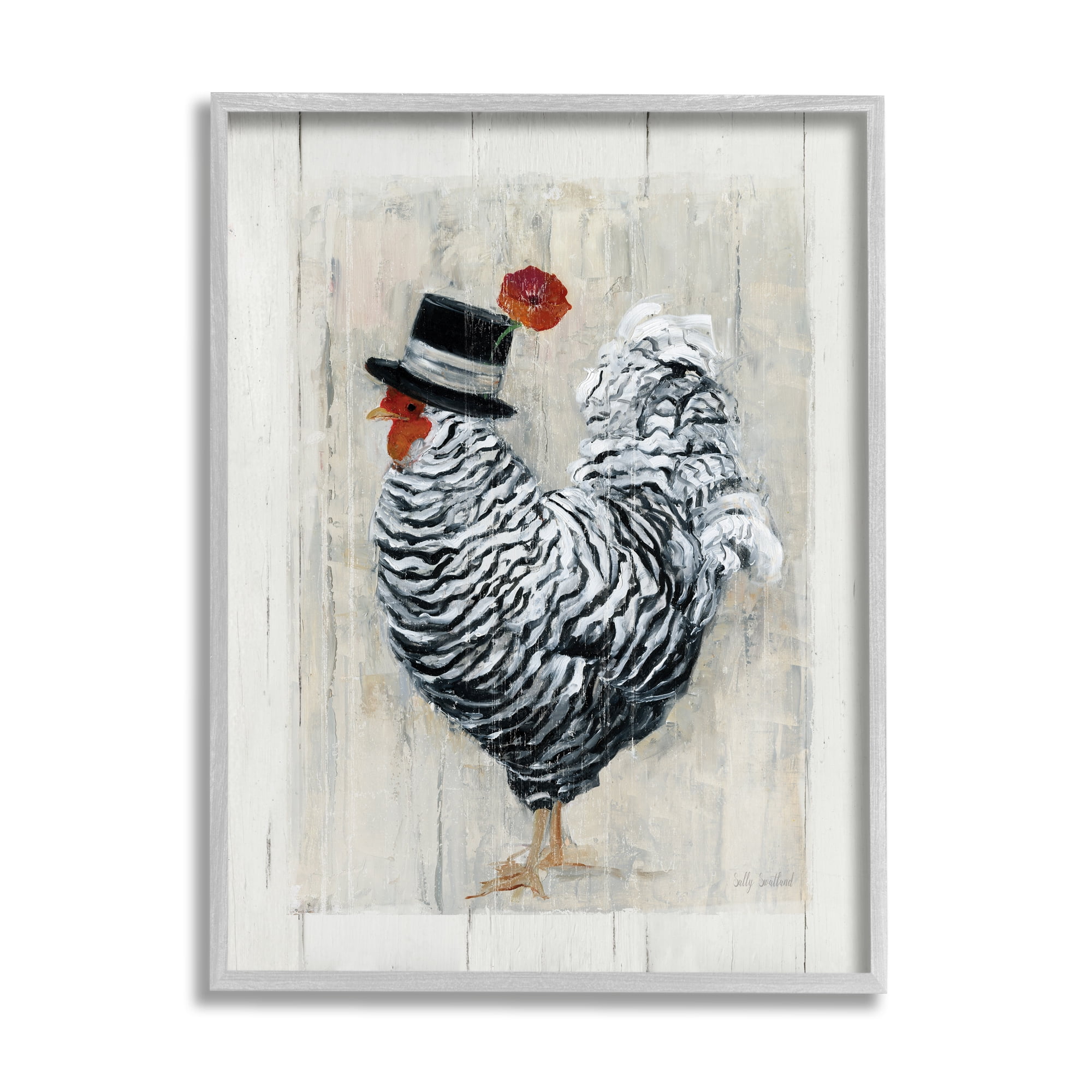 Gray Framed Farm Chicken Print on Canvas with Black Hat, 24 x 30