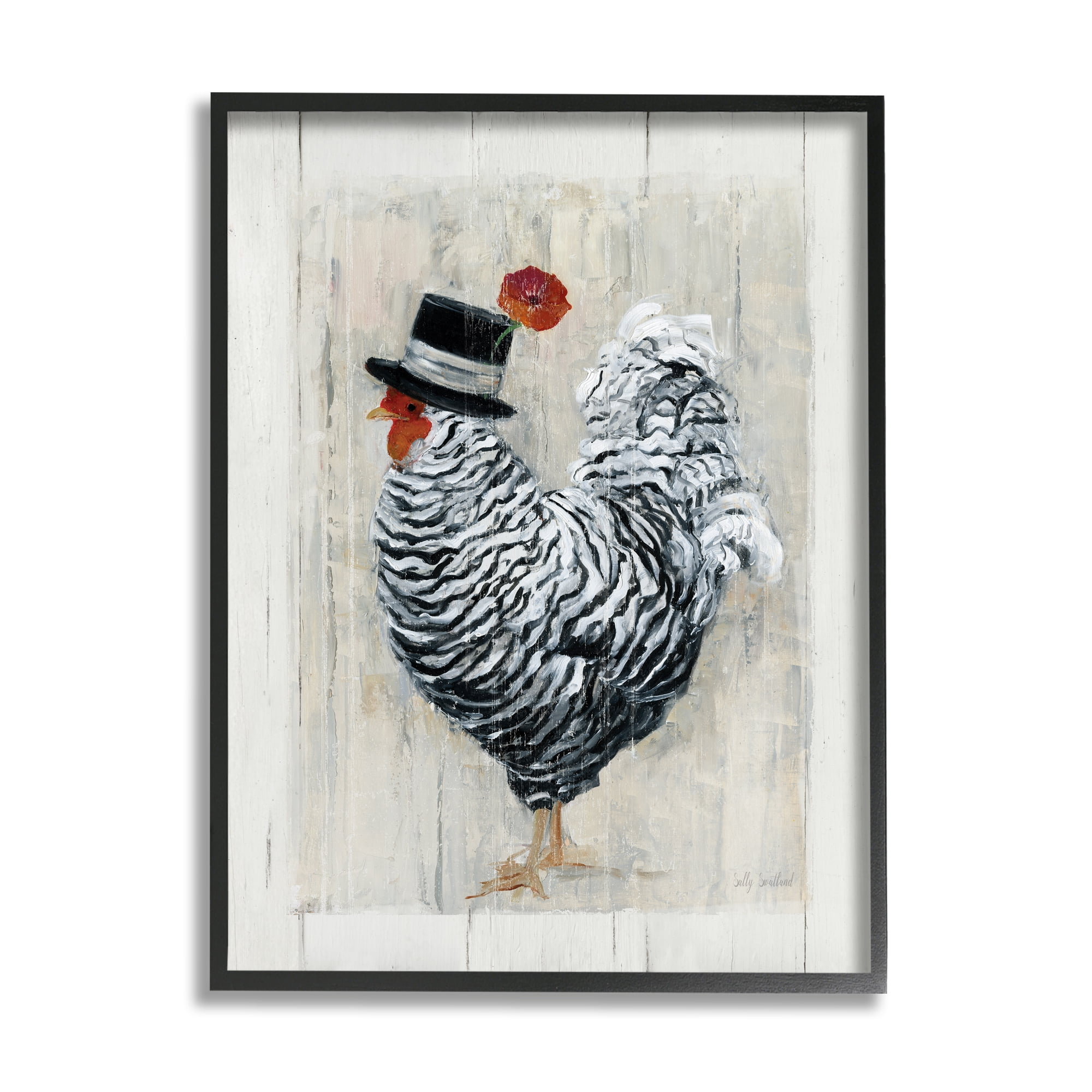Stupell Industries Traditional Farm Chicken in Black Hat Chic Bird Animals & Insects Painting Black Framed Art Print Wall Art, 24 x 30