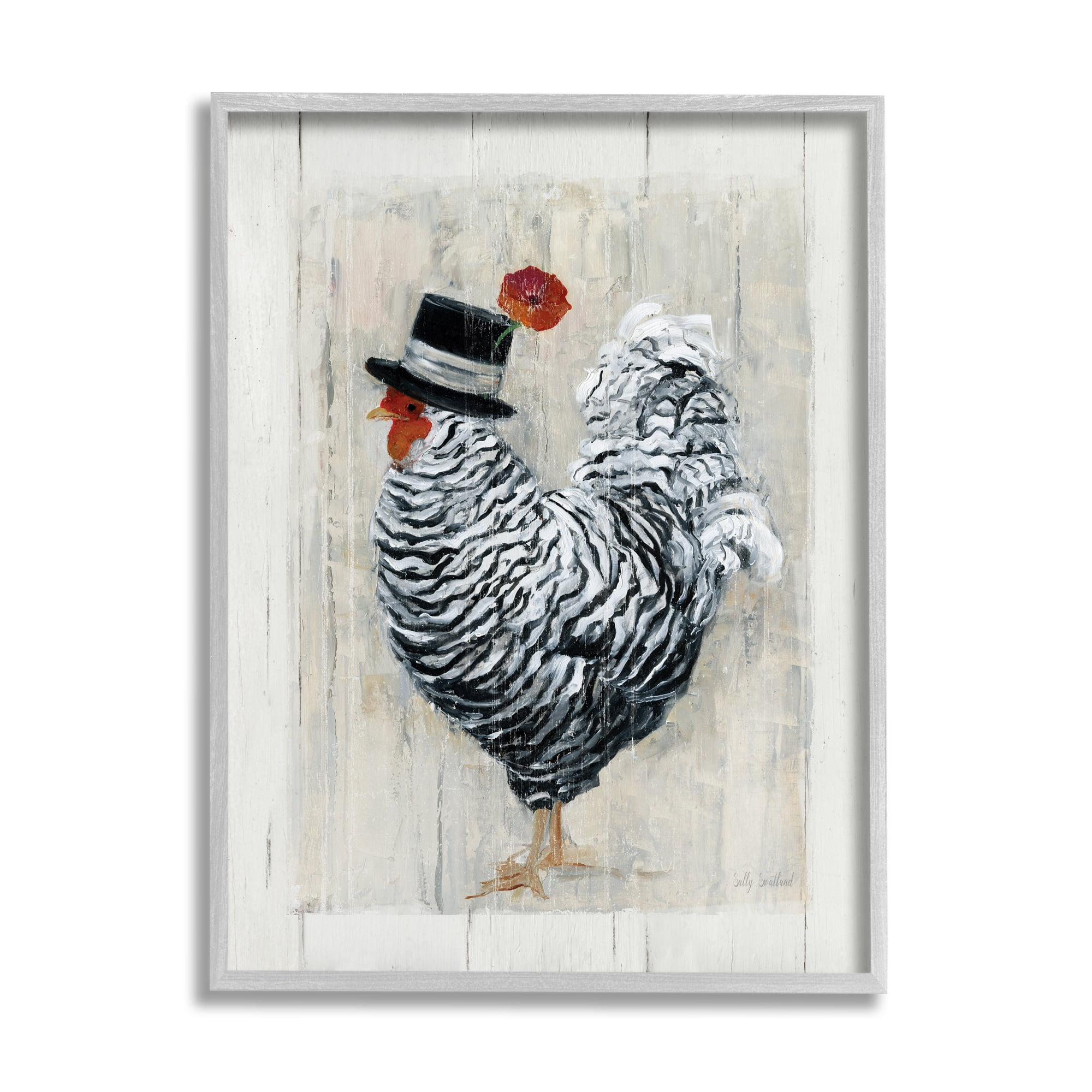 Stupell Industries Traditional Farm Chicken in Black Hat Chic Bird Animals & Insects Painting Gray Framed Art Print Wall Art, 11 x 14