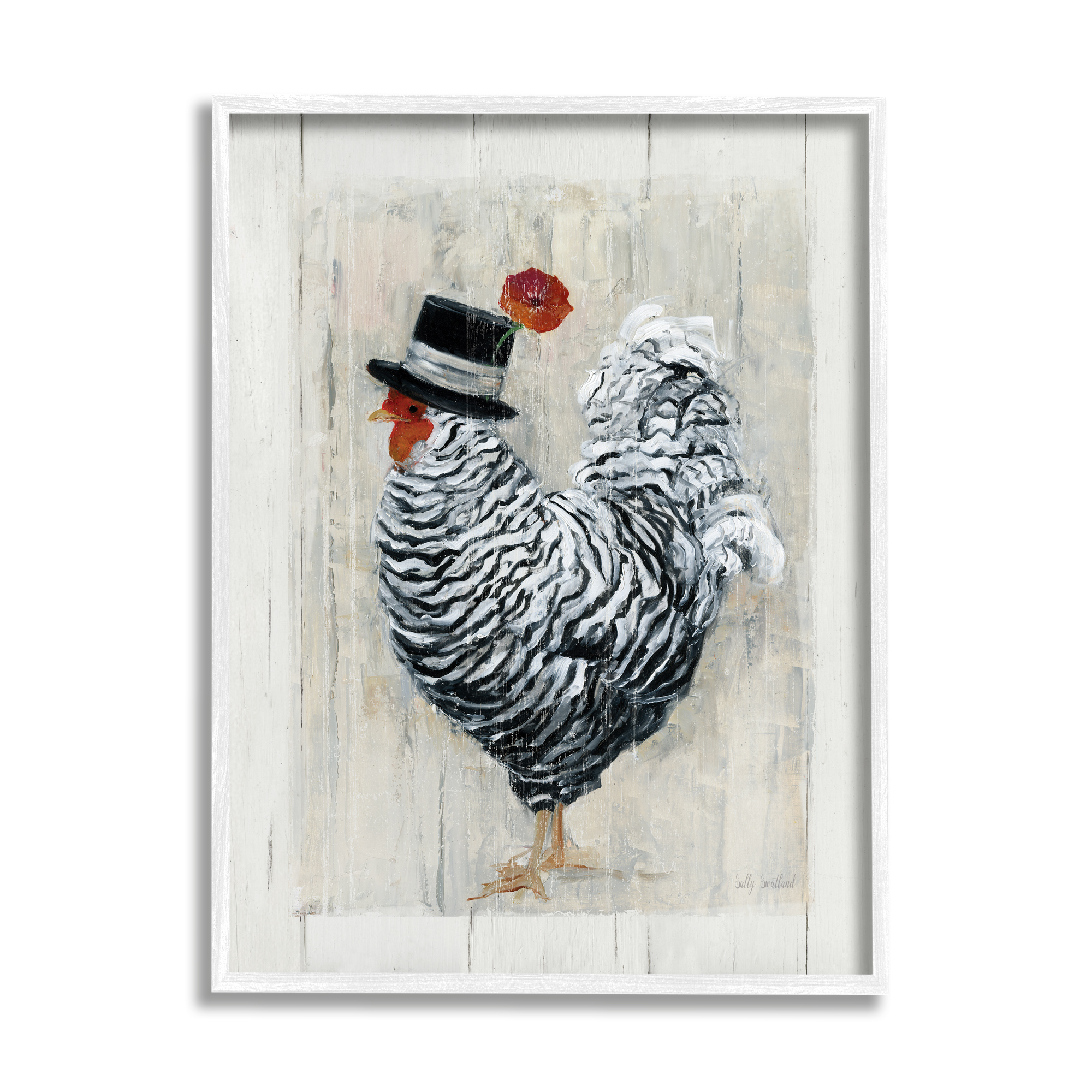 Stupell Industries Traditional Farm Chicken in Black Hat Chic Bird Animals & Insects Painting White Framed Art Print Wall Art, 24 x 30
