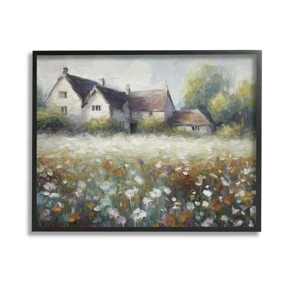 Stupell Industries Traditional Farmhouse Meadow Landscape Painting Black Framed Art Print Wall Art, 14 x 11