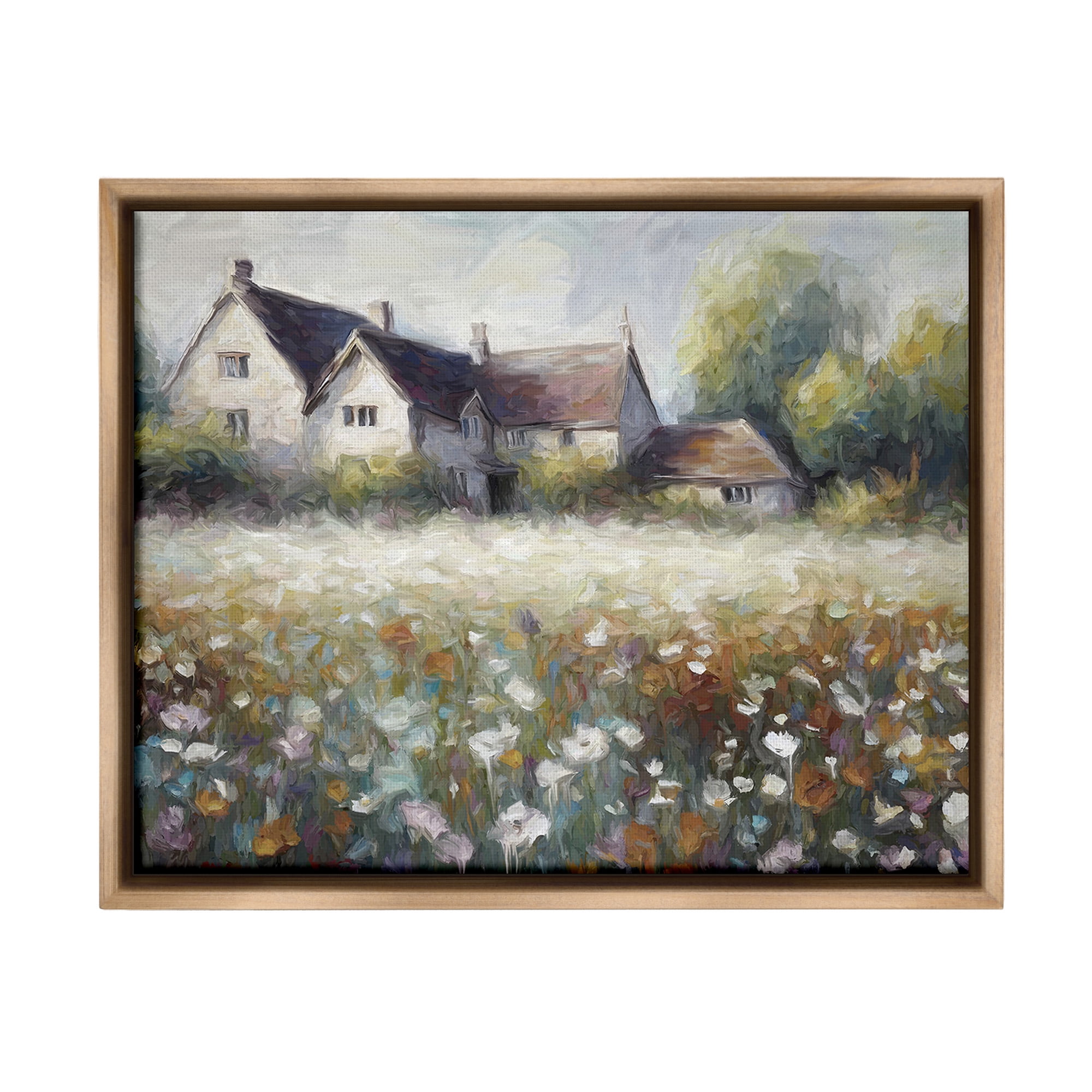 Stupell Industries Traditional Farmhouse Meadow Landscape Painting Brown Floater Framed Canvas Art Print Wall Art, 31 x 25