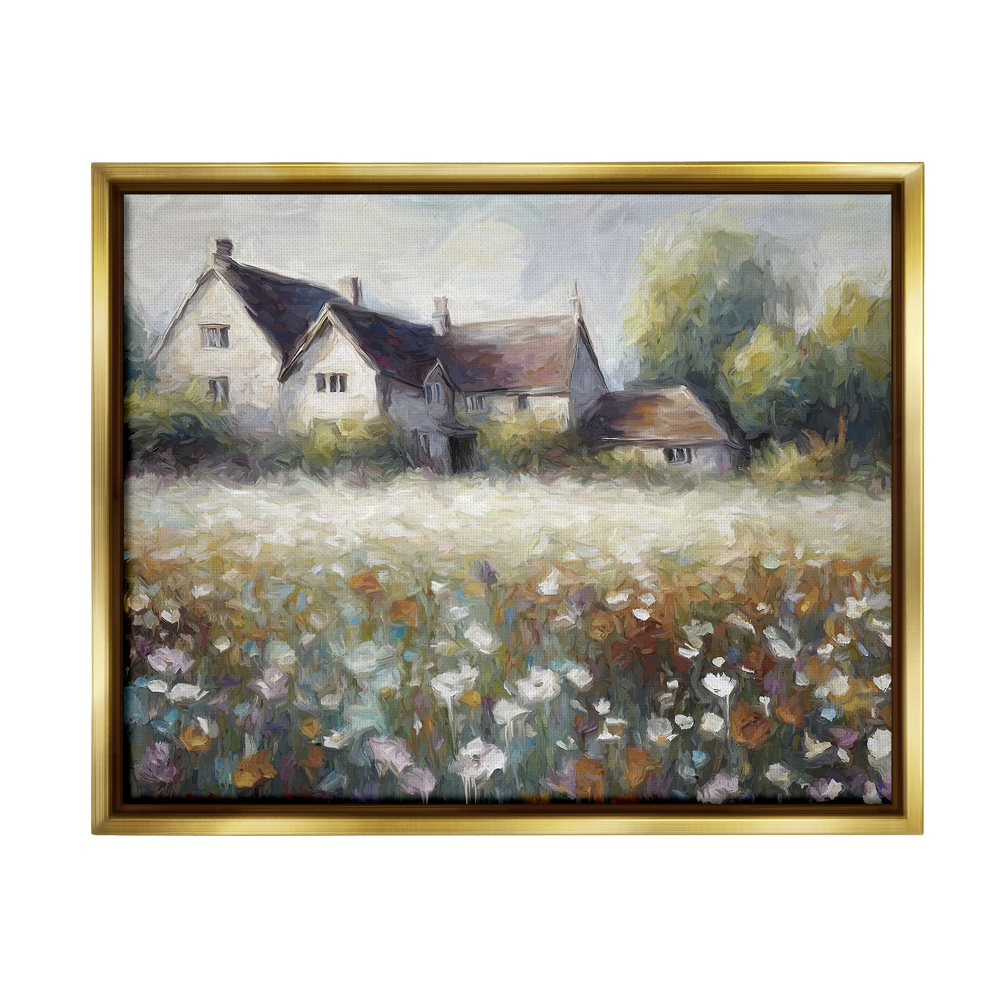 Stupell Industries Traditional Farmhouse Meadow Landscape Painting Gold Floater Framed Canvas Art Print Wall Art, 21 x 17