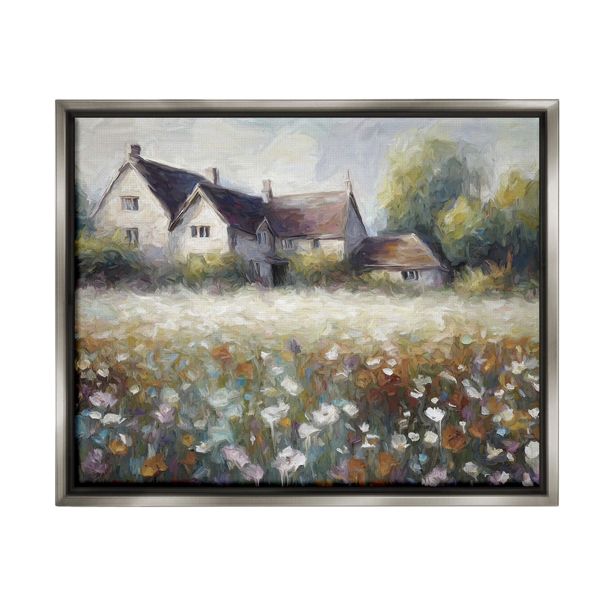 Stupell Industries Traditional Farmhouse Meadow Landscape Painting Gray Floater Framed Canvas Art Print Wall Art, 21 x 17