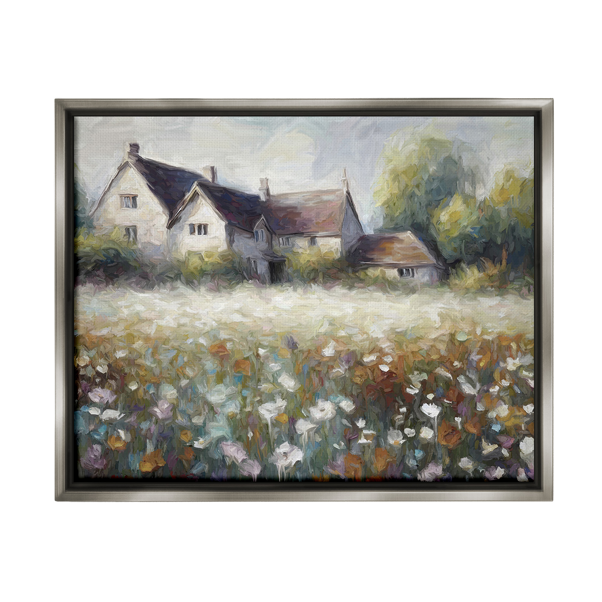 Stupell Industries Traditional Farmhouse Meadow Landscape Painting Gray Floater Framed Canvas Art Print Wall Art, 31 x 25