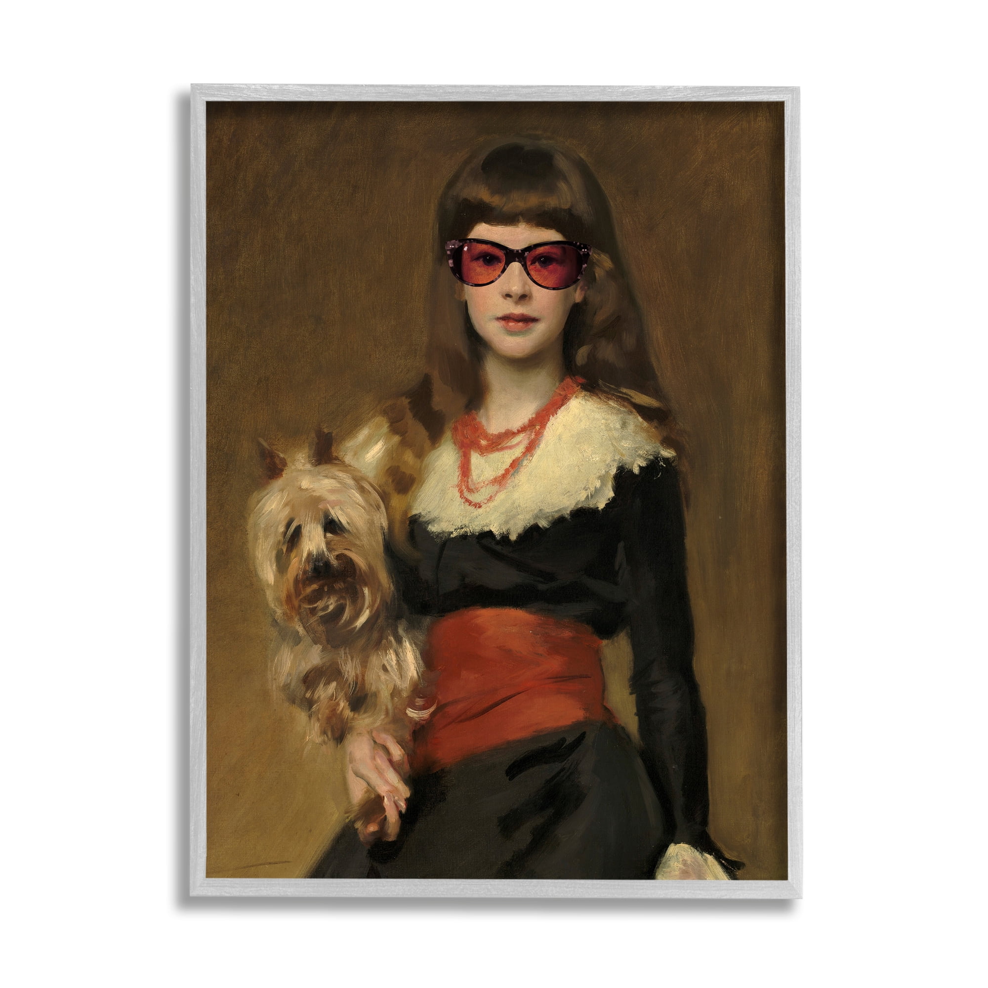 Stupell Industries Traditional Female Portrait Modernized Puppy Glam Sunglasses Novelty Painting Gray Framed Art Print Wall Art, 16 x 20, Design by Jacob Green