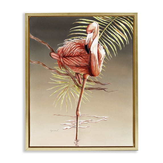 Stupell Industries Traditional Flamingo Balancing with Leaf Gold Floating Frame Canvas Art, 25 x 31, by Christine Reichow