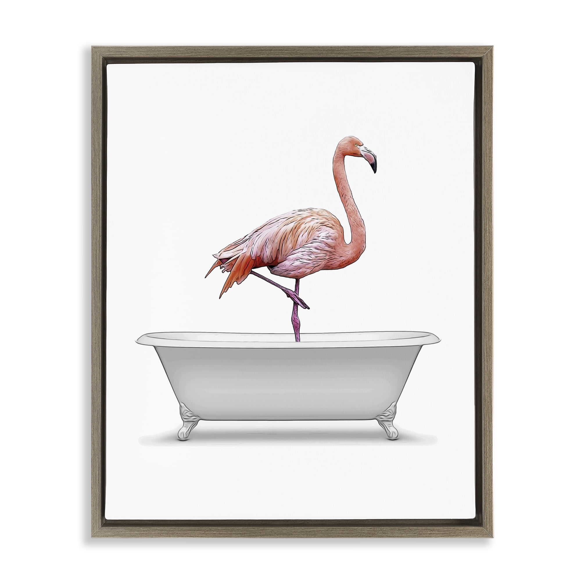 Stupell Industries Traditional Flamingo in Bath Bath & Laundry Painting Brown Floater Framed Canvas Art Print Wall Art, 17 x 21