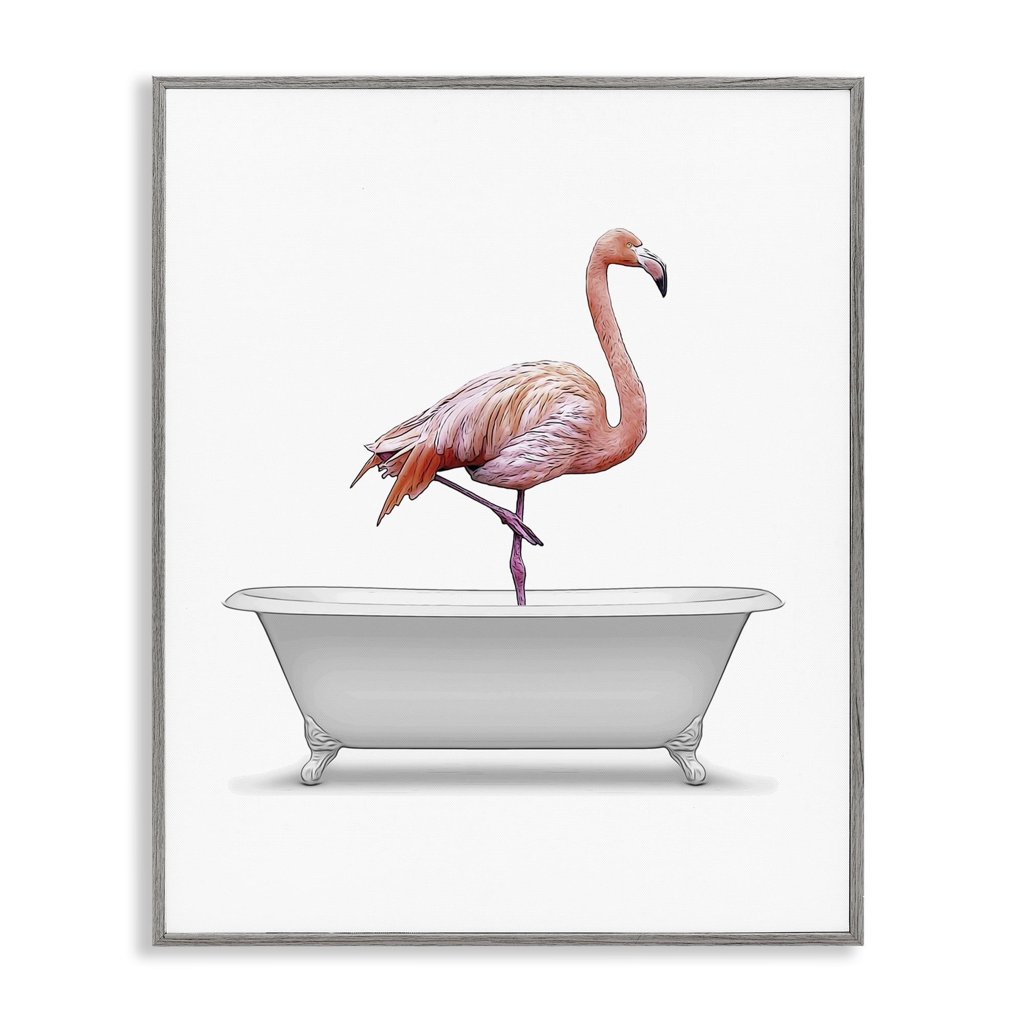 Stupell Industries Traditional Flamingo in Bath Bath & Laundry Painting Gray Framed Art Print Wall Art, 16 x 20