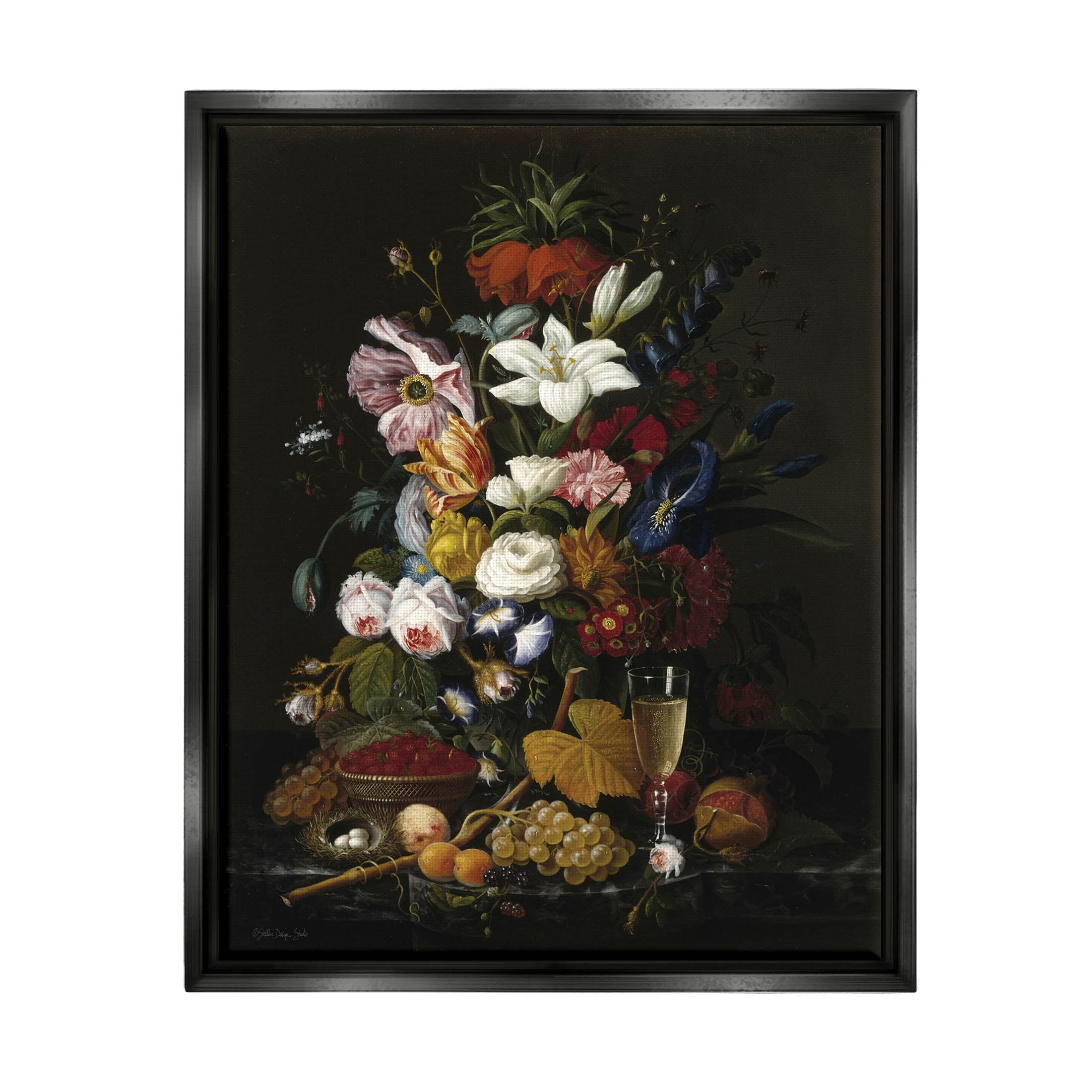 Stupell Industries Traditional Floral Goblet Still Life Painting Jet Black Floating Framed Canvas Print Wall Art, Design by Stellar Design Studio