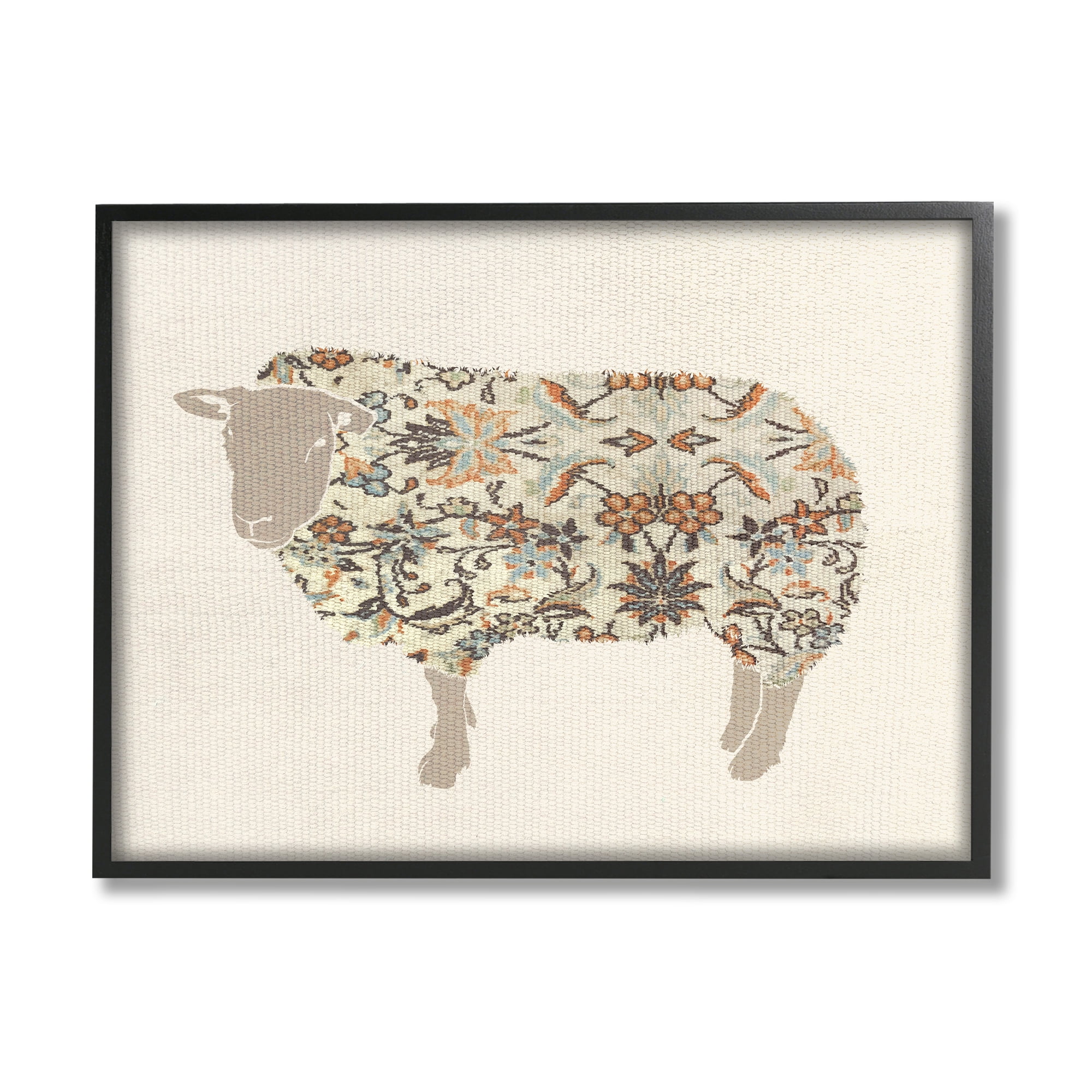Stupell Industries Traditional Floral Pattern Sheep Animals & Insects Painting Black Framed Art Print Wall Art, 20 x 16