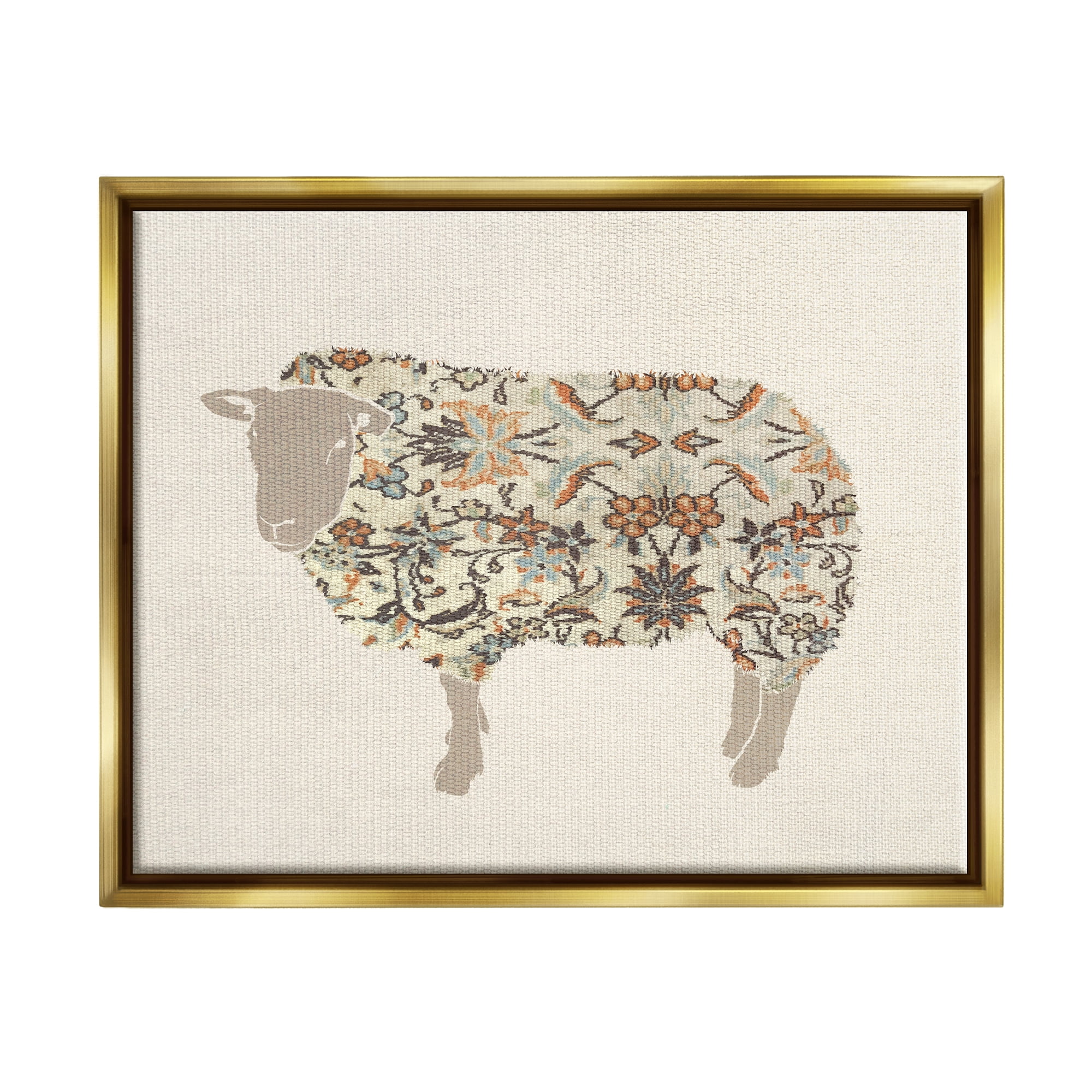 Stupell Industries Traditional Floral Pattern Sheep Animals & Insects Painting Gold Floater Framed Art Print Wall Art, 21 x 17