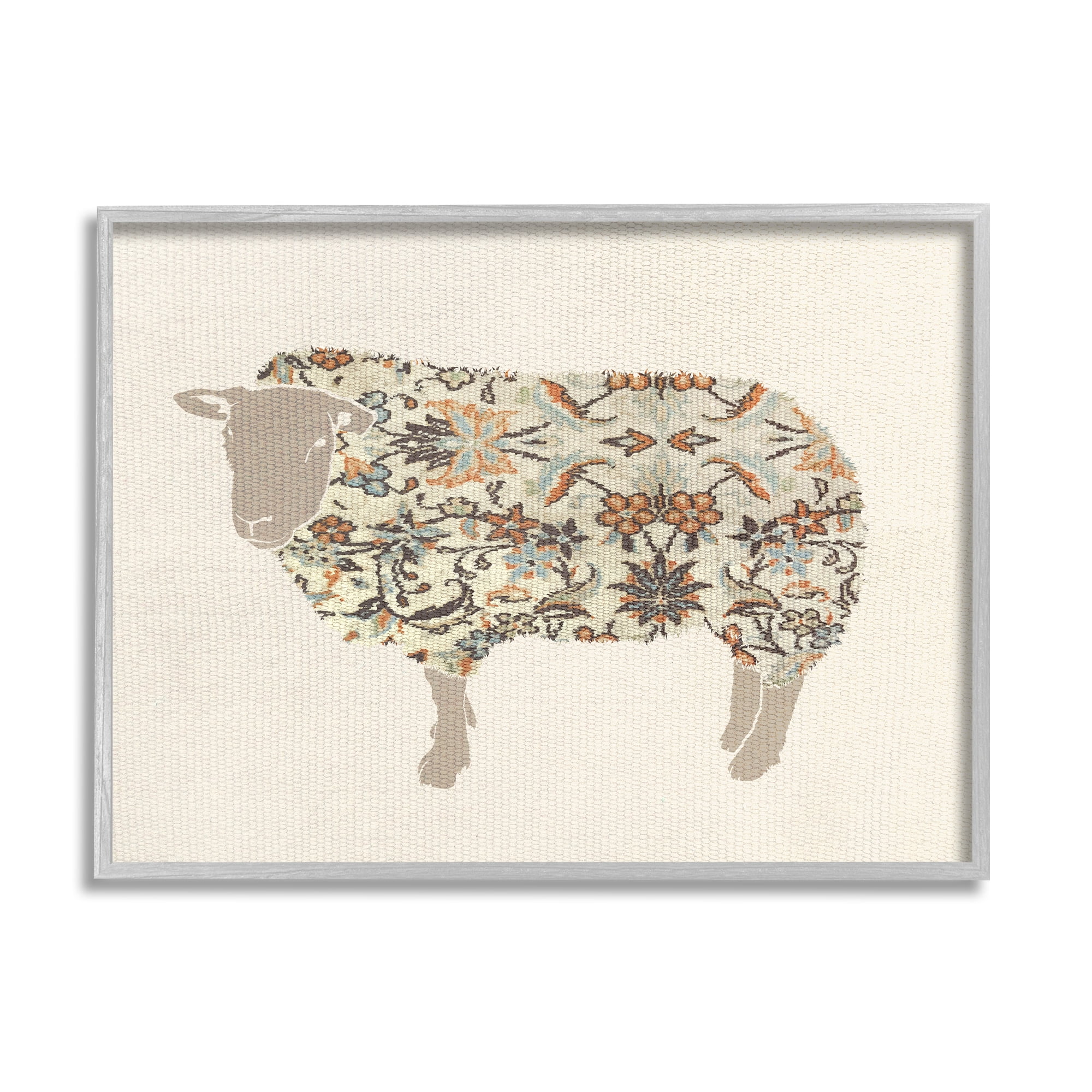 Stupell Industries Traditional Floral Pattern Sheep Animals & Insects Painting Gray Framed Art Print Wall Art, 14 x 11