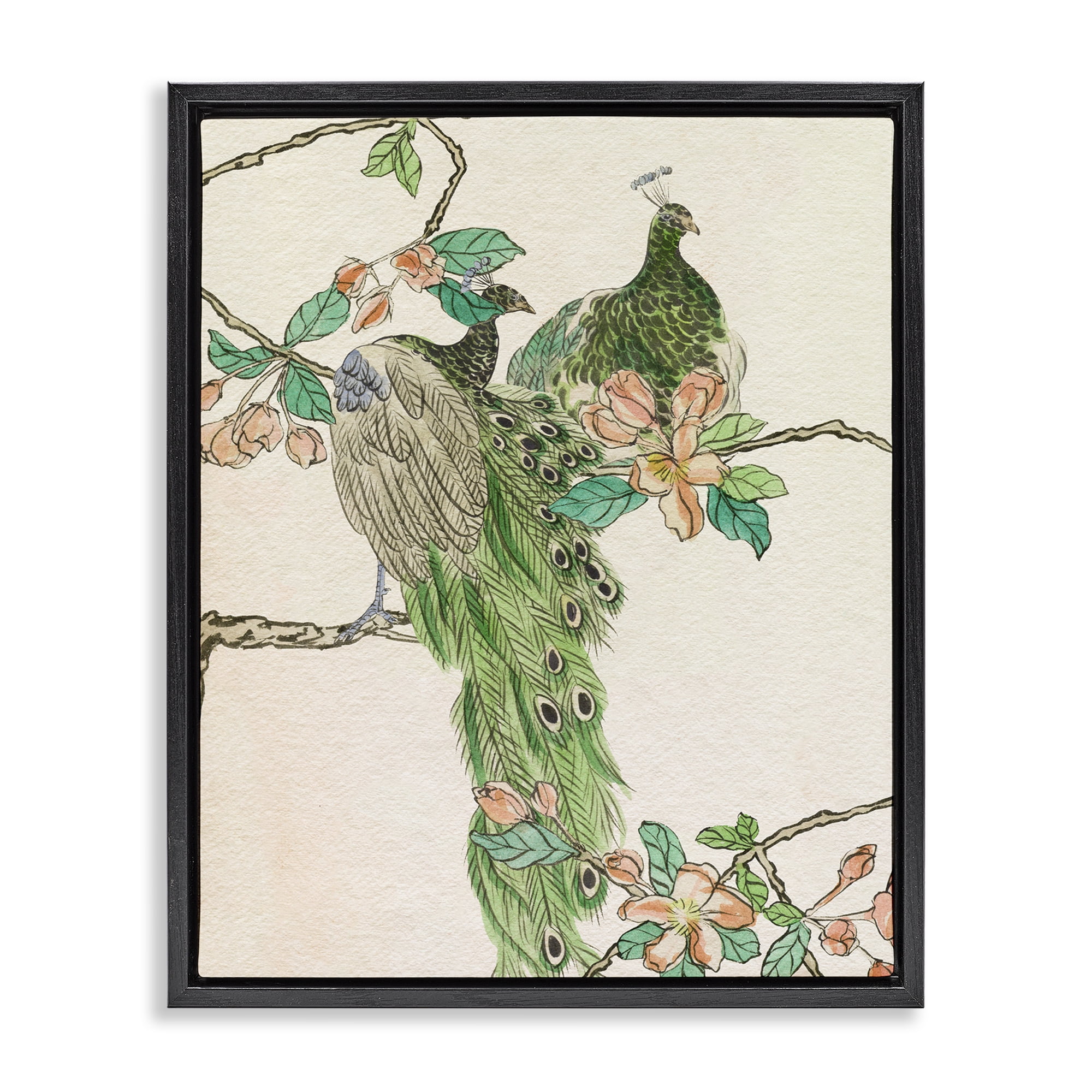 Stupell Industries Traditional Floral Peacock Animals & Insects Painting Black Floater Framed Canvas Art Print Wall Art, 25 x 31