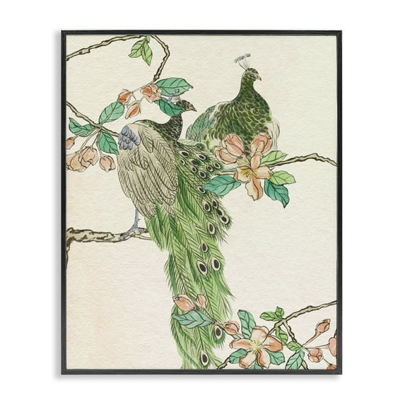 Stupell Industries Traditional Floral Peacock Animals & Insects Painting Black Framed Art Print Wall Art, 16 x 20