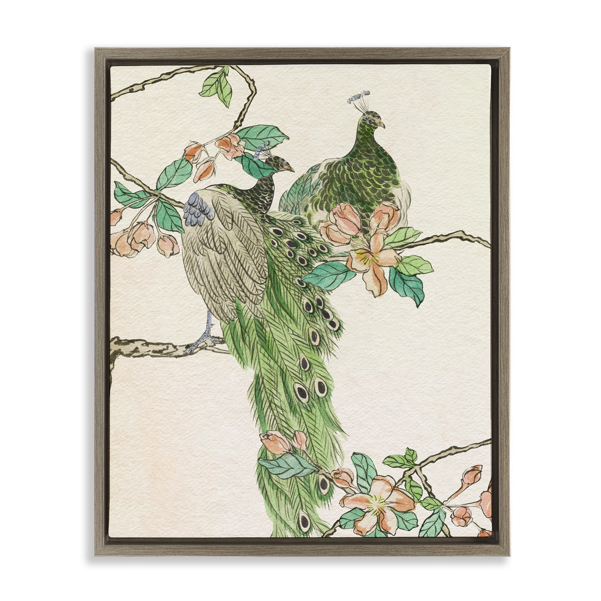 Stupell Industries Traditional Floral Peacock Animals & Insects Painting Brown Floater Framed Canvas Art Print Wall Art, 25 x 31