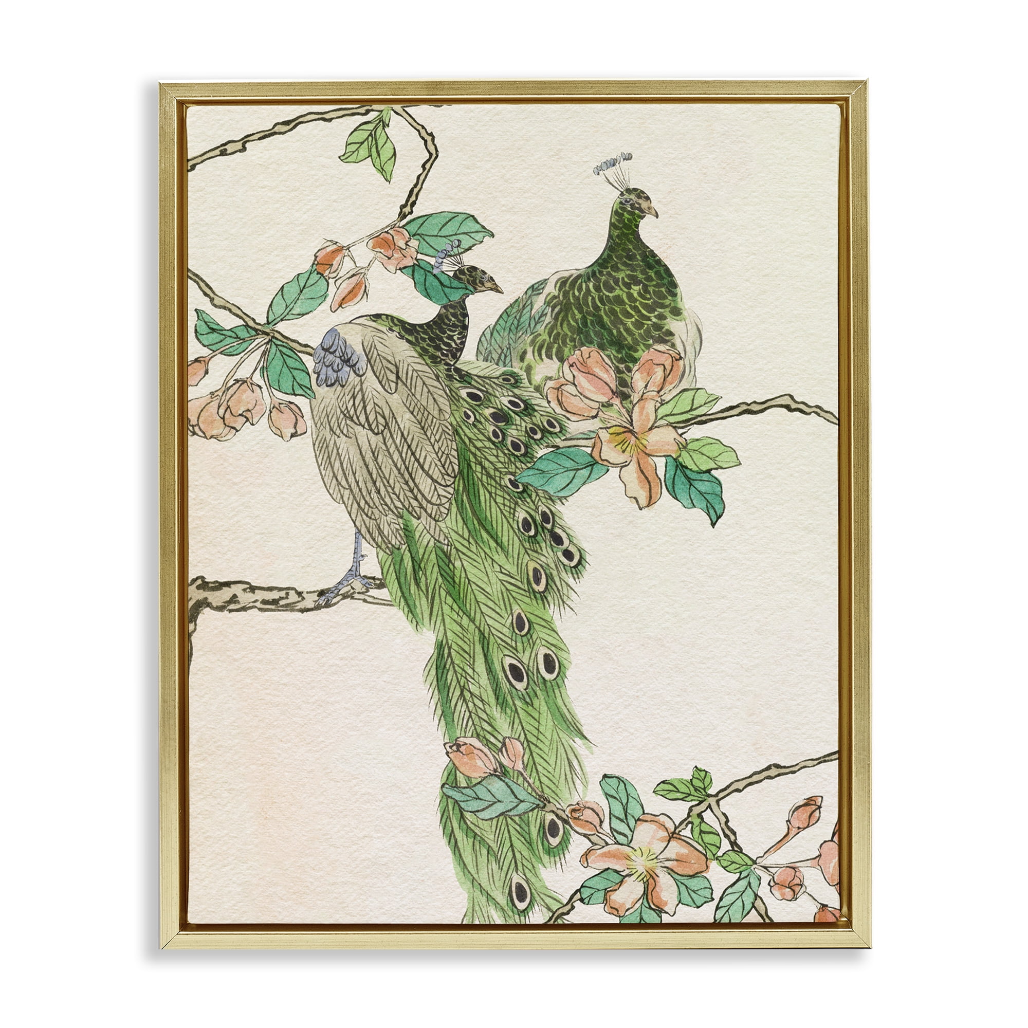 Stupell Industries Traditional Floral Peacock Animals & Insects Painting Gold Floater Framed Canvas Art Print Wall Art, 25 x 31