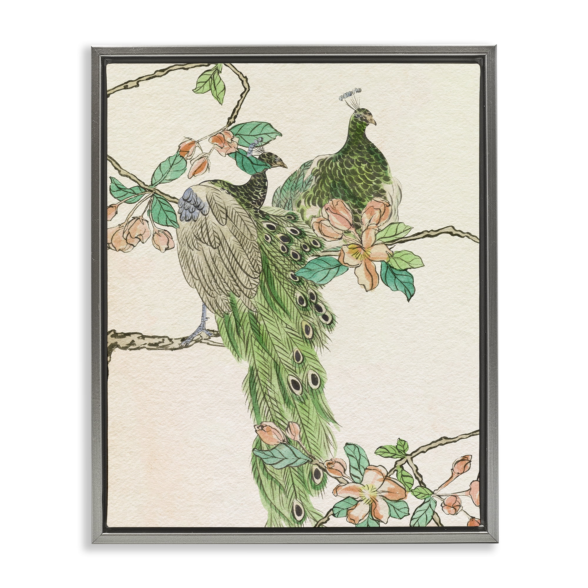 Stupell Industries Traditional Floral Peacock Animals & Insects Painting Gray Floater Framed Canvas Art Print Wall Art, 25 x 31