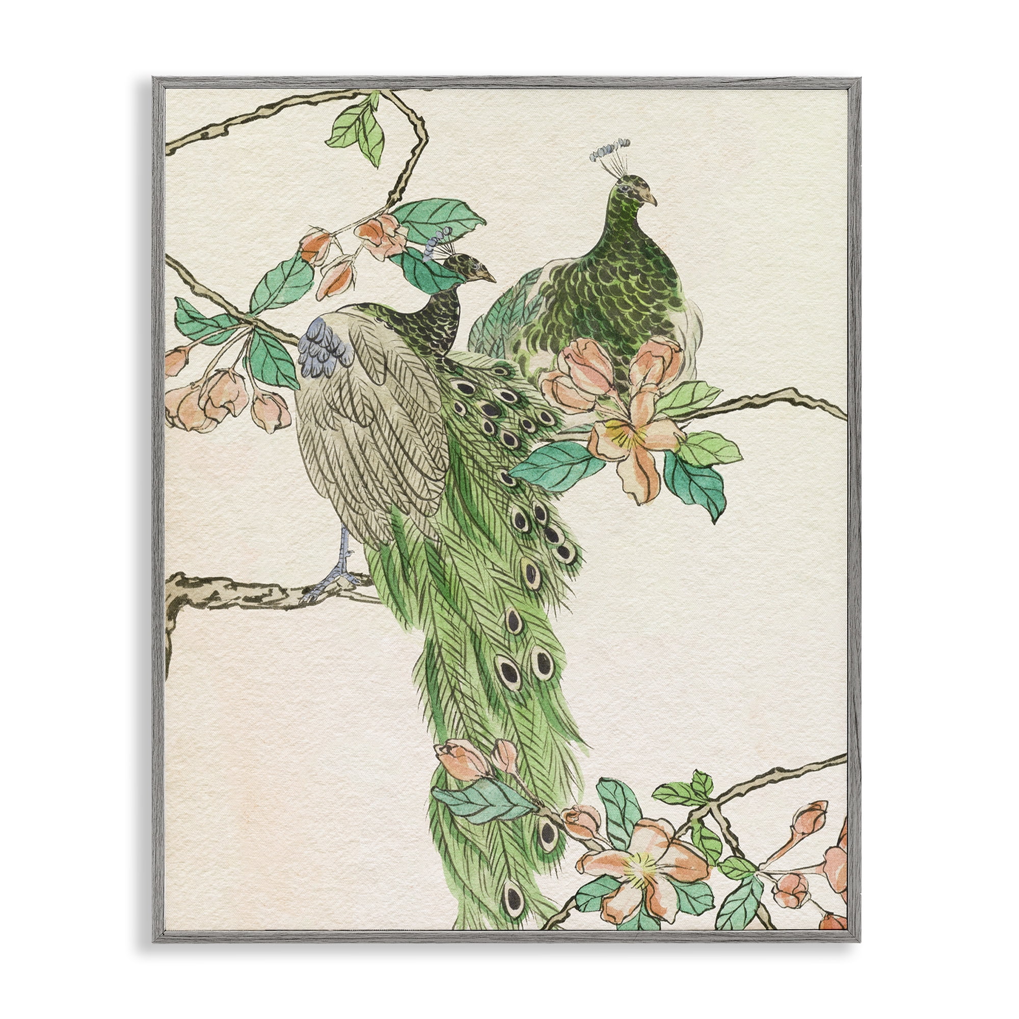 Stupell Industries Traditional Floral Peacock Animals & Insects Painting Gray Framed Art Print Wall Art, 11 x 14