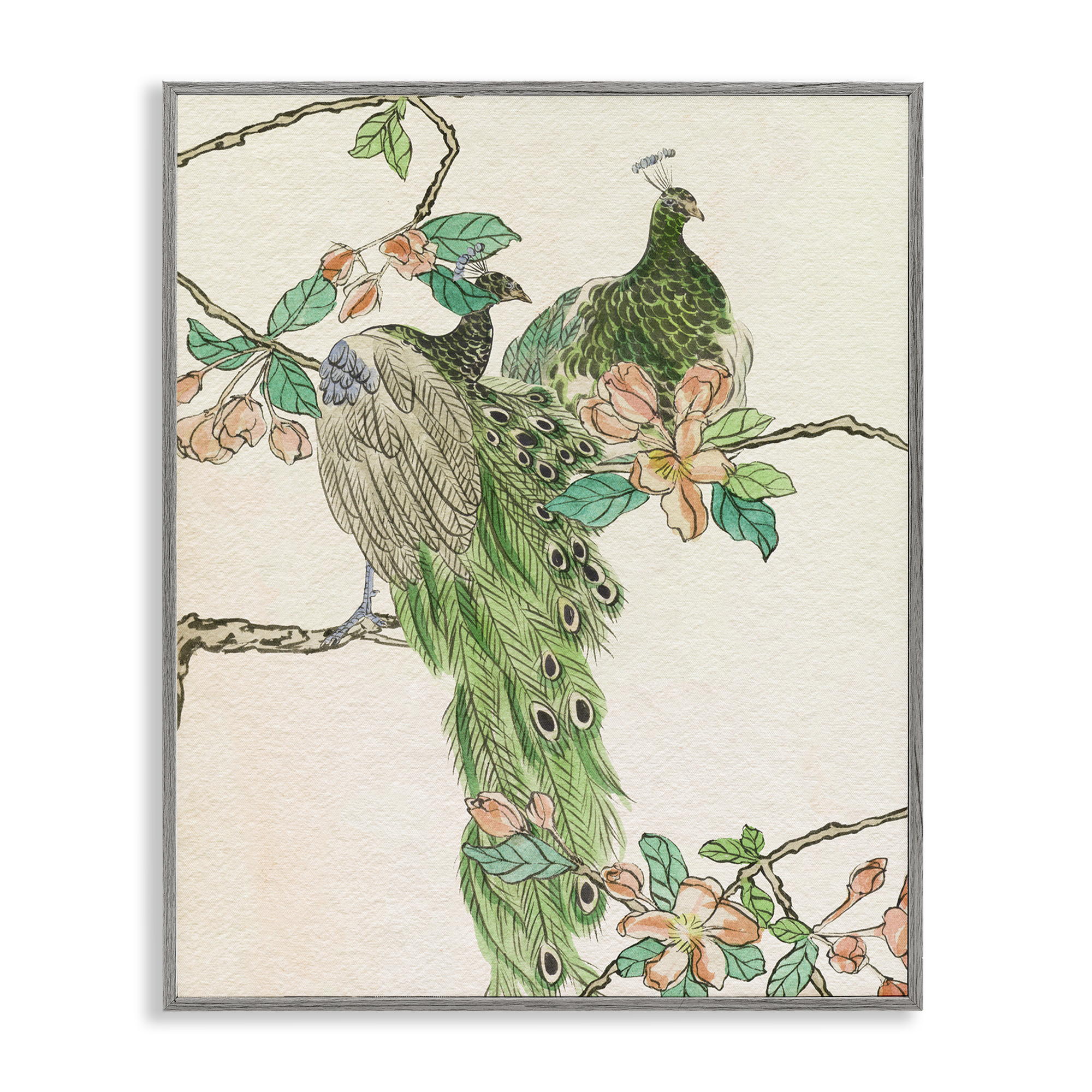 Stupell Industries Traditional Floral Peacock Animals & Insects Painting Gray Framed Art Print Wall Art, 24 x 30