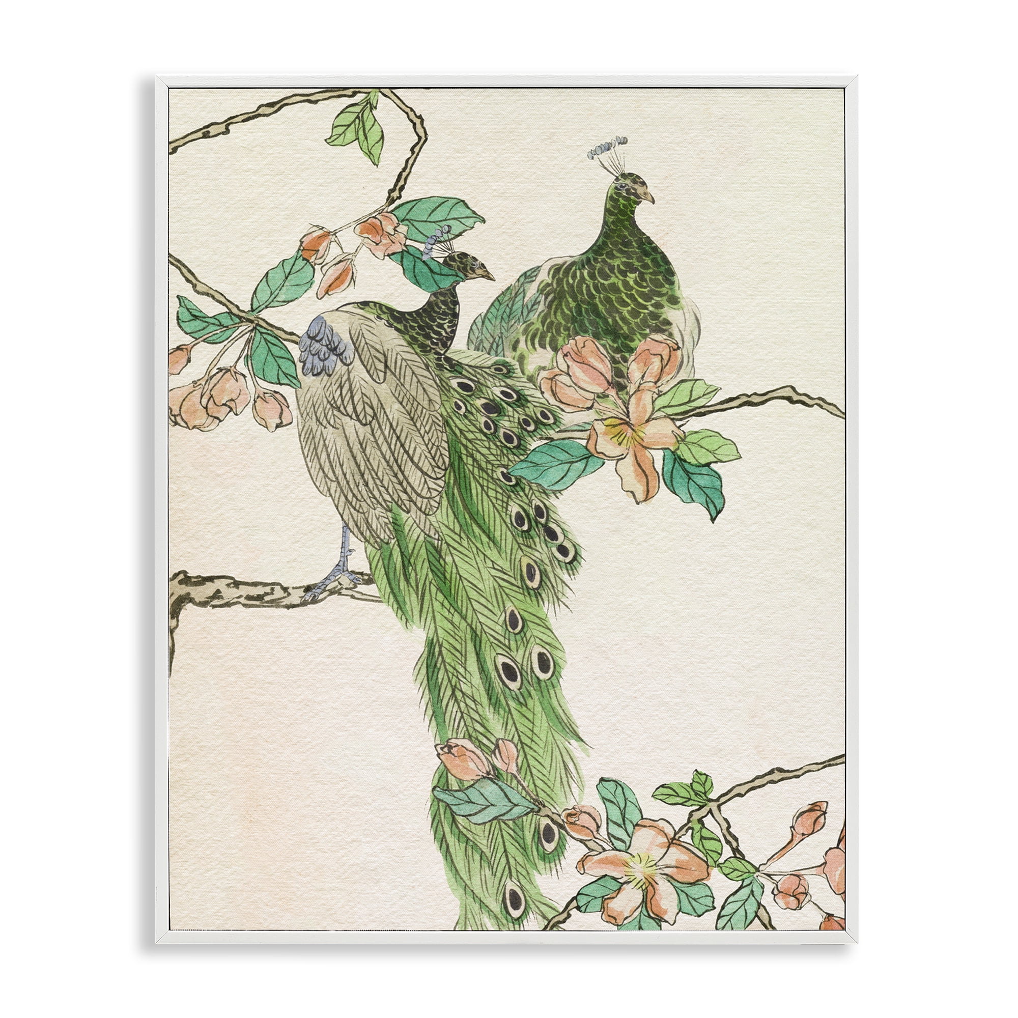 Stupell Industries Traditional Floral Peacock Animals & Insects Painting White Framed Art Print Wall Art, 11 x 14