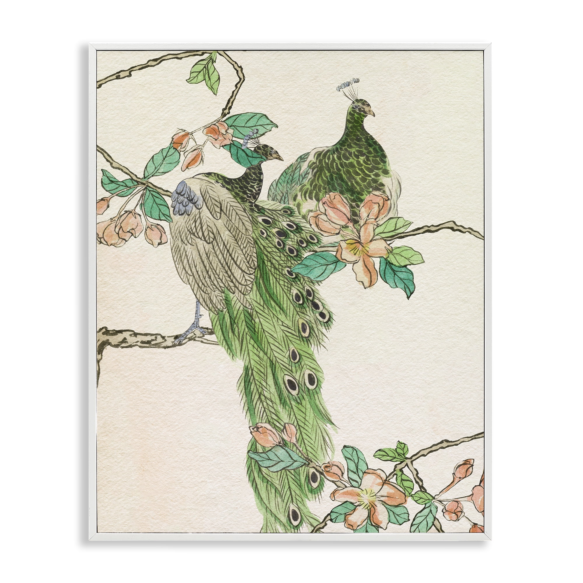Stupell Industries Traditional Floral Peacock Animals & Insects Painting White Framed Art Print Wall Art, 24 x 30