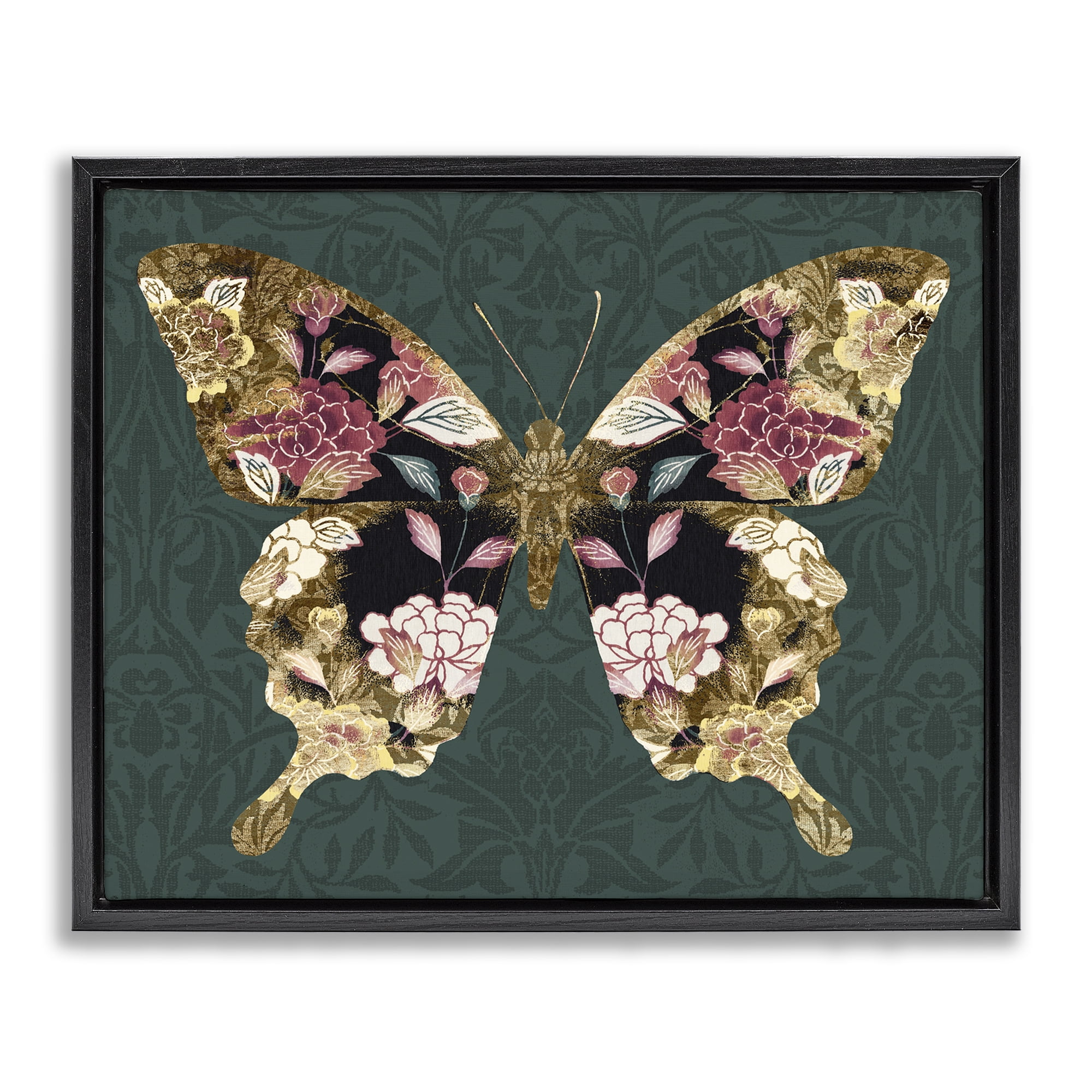 Stupell Industries Traditional Florals Butterfly Animals & Insects Painting Black Floater Framed Canvas Art Print Wall Art, 31 x 25