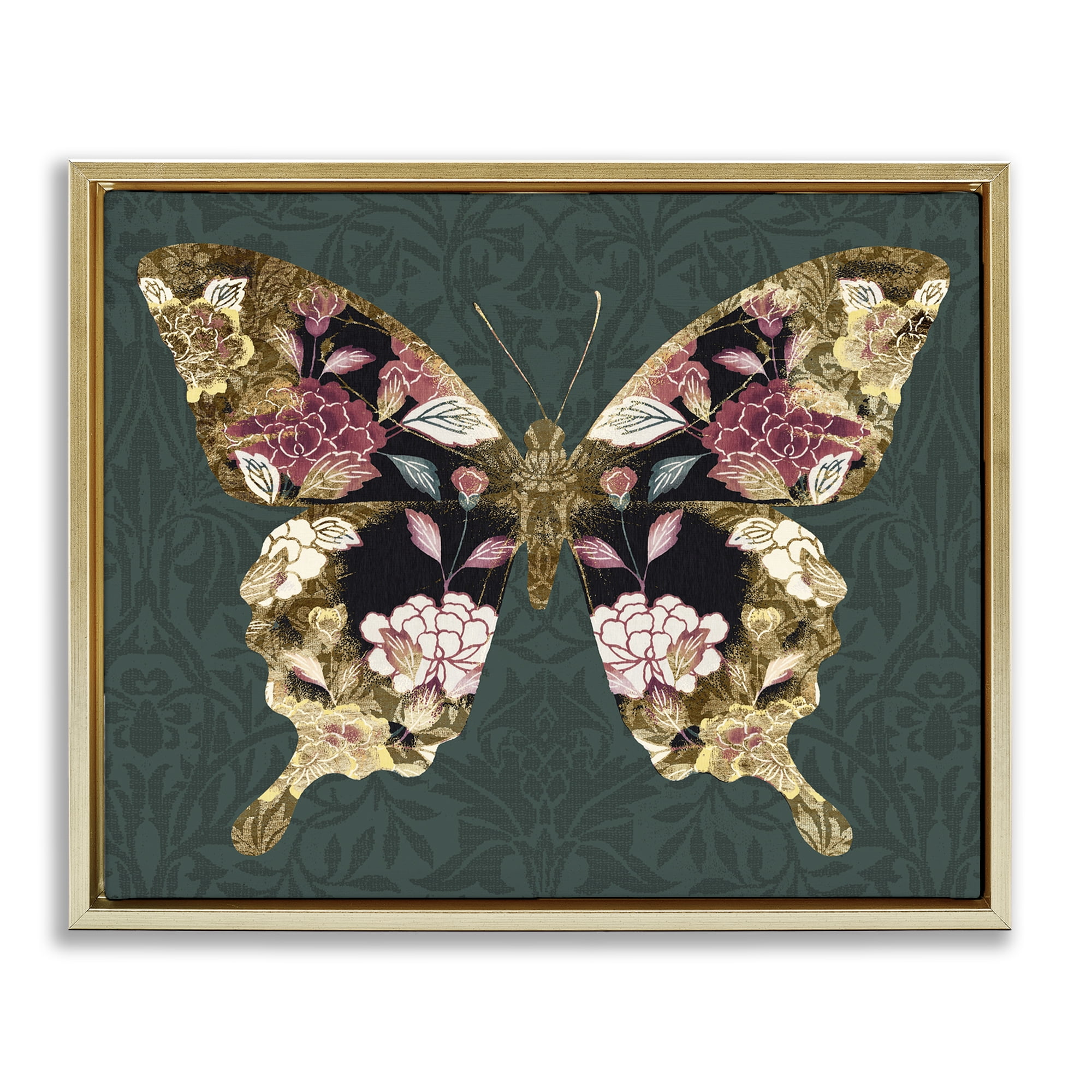 Stupell Industries Traditional Florals Butterfly Animals & Insects Painting Gold Floater Framed Canvas Art Print Wall Art, 21 x 17