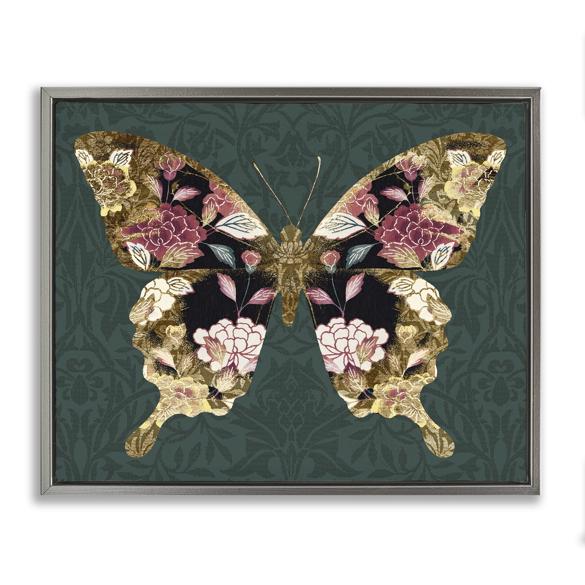 Stupell Industries Traditional Florals Butterfly Animals & Insects Painting Gray Floater Framed Canvas Art Print Wall Art, 21 x 17