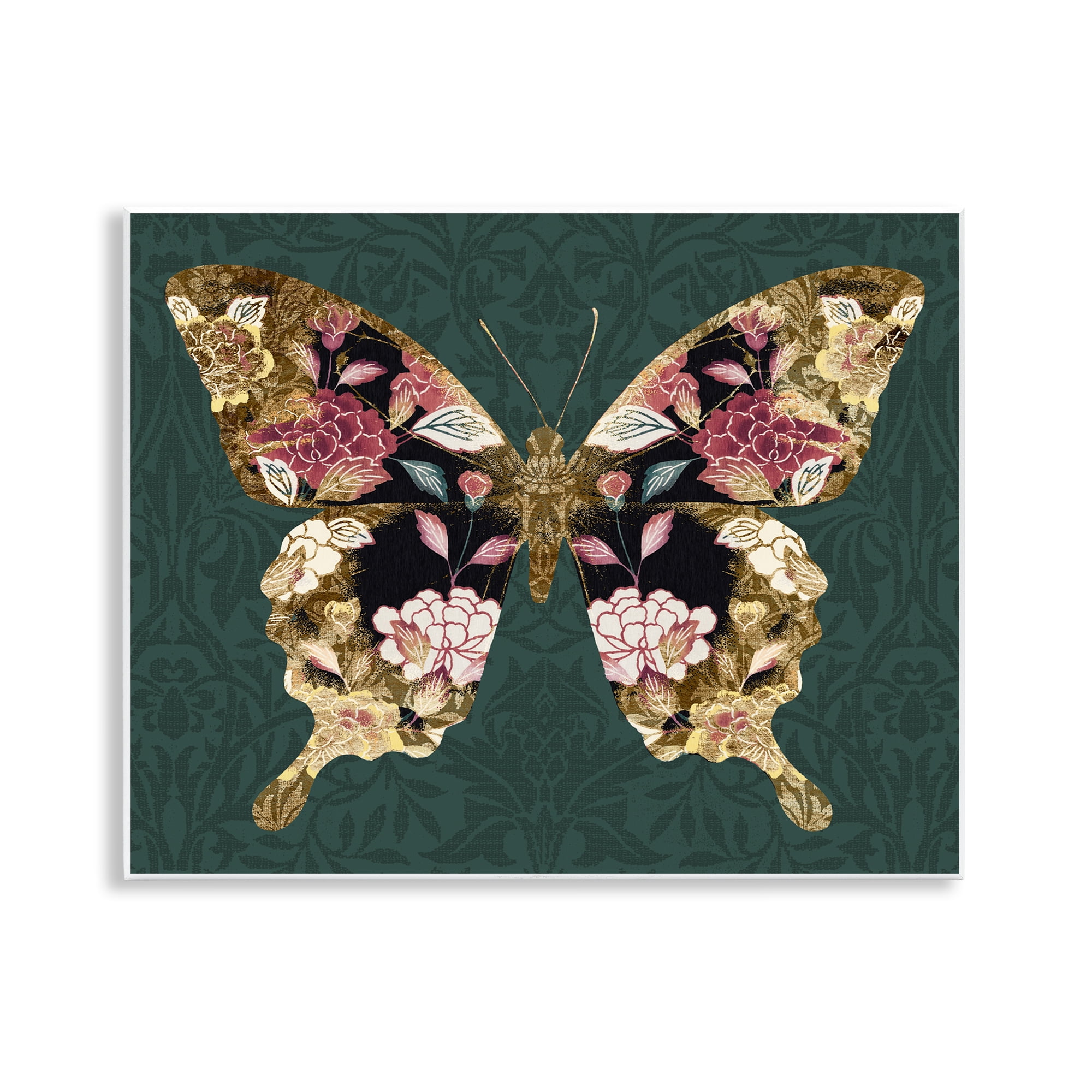 Floral Butterfly Wall Art Plaque in Green and Gold, 14 x 11