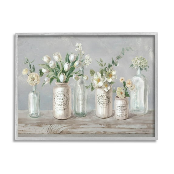 Stupell Industries Traditional Flower Arrangement Vases Painting Gray Framed Art Print Wall Art, Design by Danhui Nai
