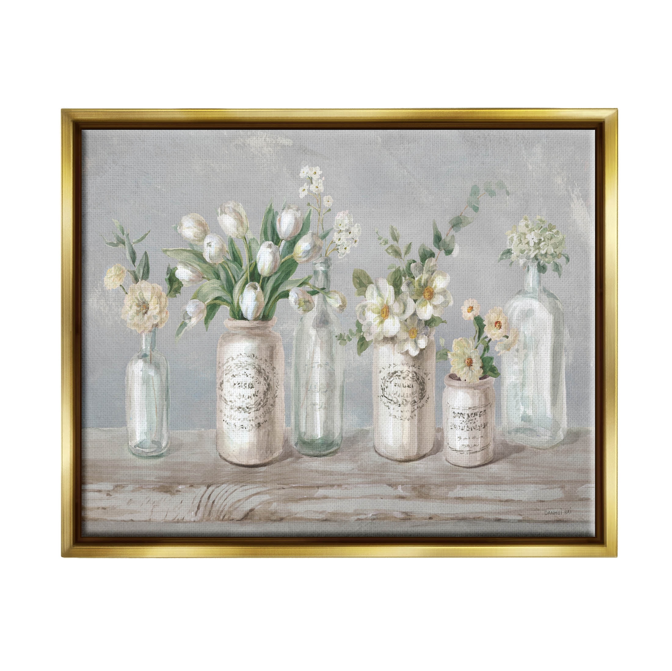 Stupell Industries Traditional Flower Arrangement Vases Painting Metallic Gold Floating Framed Canvas Print Wall Art, Design by Danhui Nai