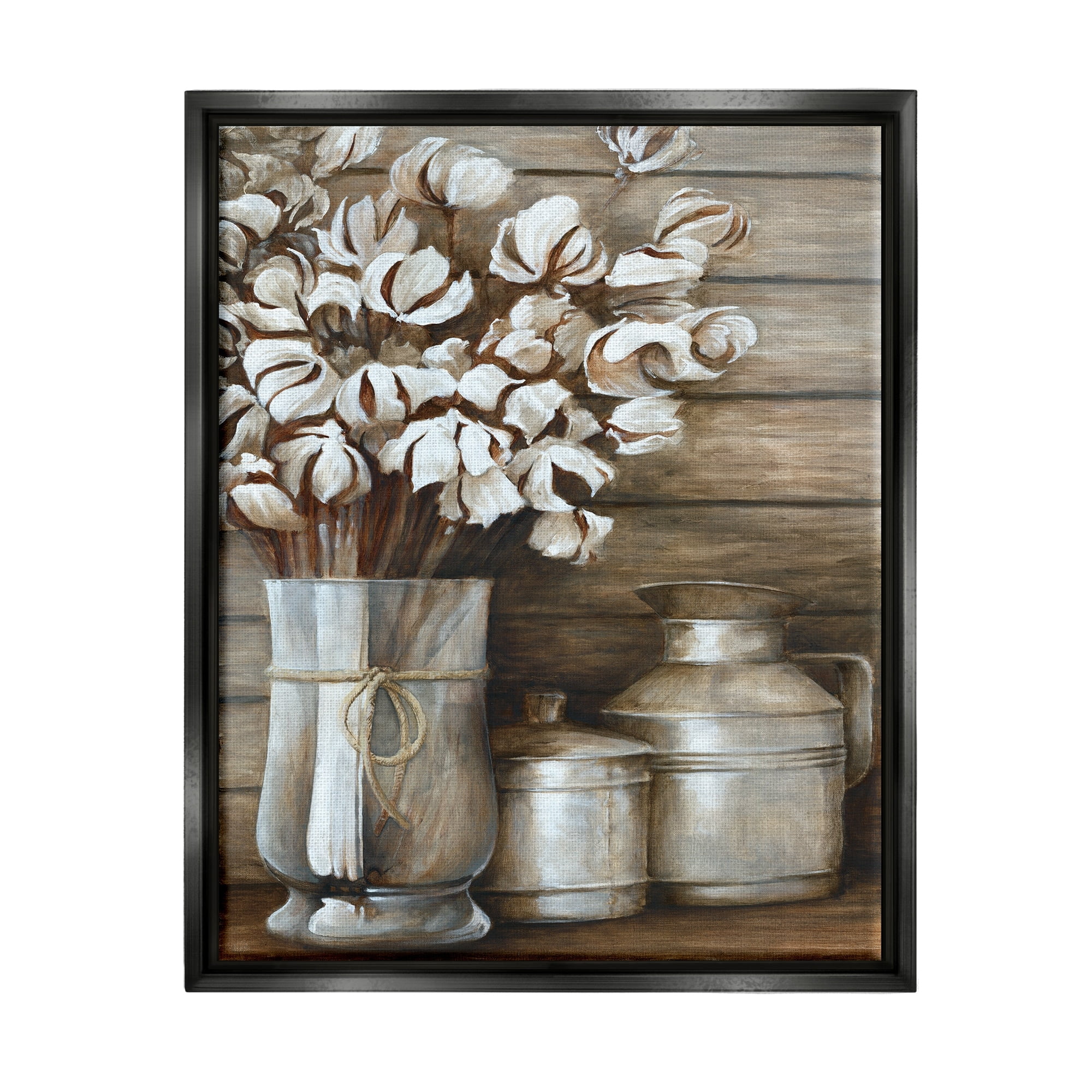 Stupell Industries Traditional Flower Bouquet Rustic Country Cans Painting Jet Black Floating Framed Canvas Print Wall Art, Design by White Ladder