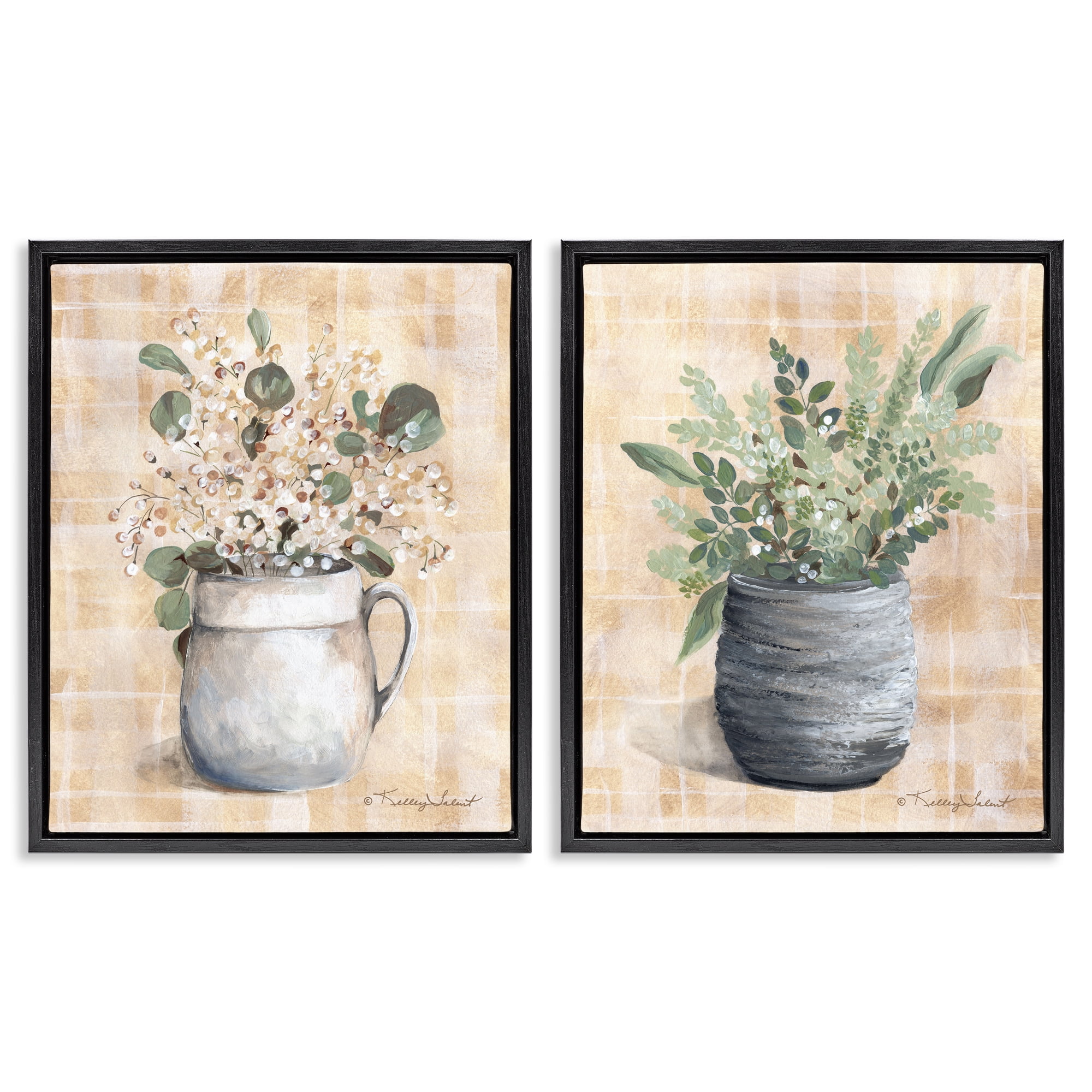 Stupell Industries Traditional Flowers Pitcher Pot Plants & Flowers Painting Black Floater Framed Canvas Art Print Wall Art, 31 x 25, Set of 2
