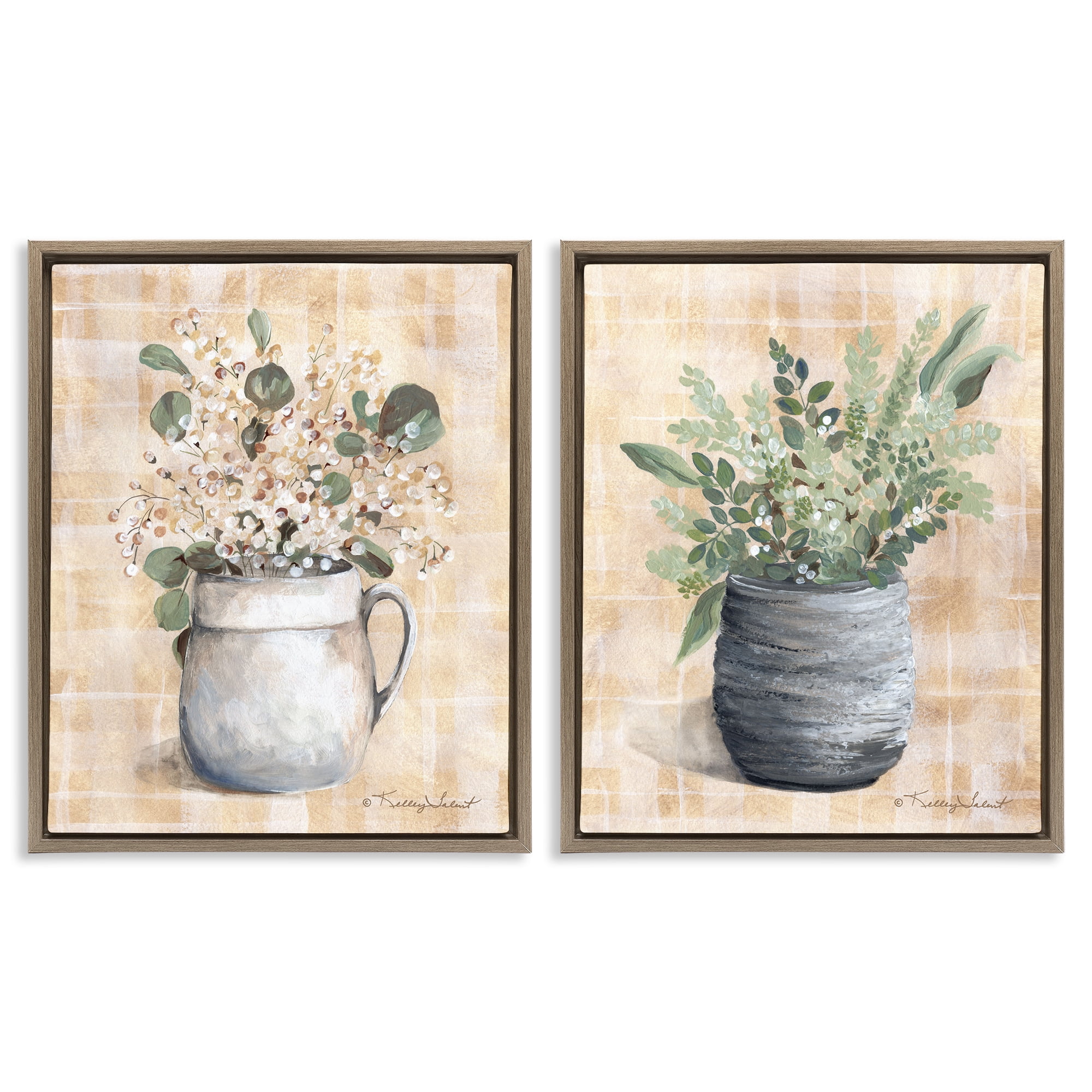 Stupell Industries Traditional Flowers Pitcher Pot Plants & Flowers Painting Brown Floater Framed Canvas Art Print Wall Art, 31 x 25, Set of 2