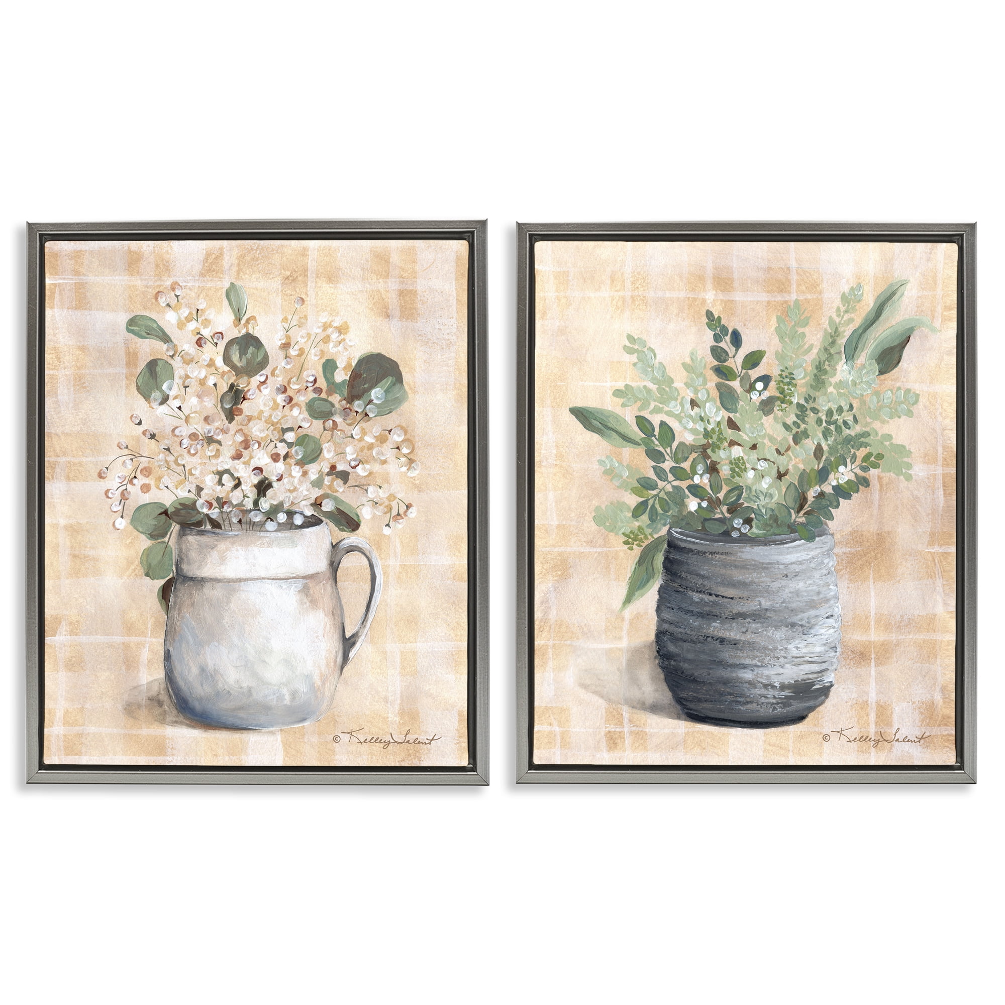 Stupell Industries Traditional Flowers Pitcher Pot Plants & Flowers Painting Gray Floater Framed Canvas Art Print Wall Art, 17 x 21, Set of 2