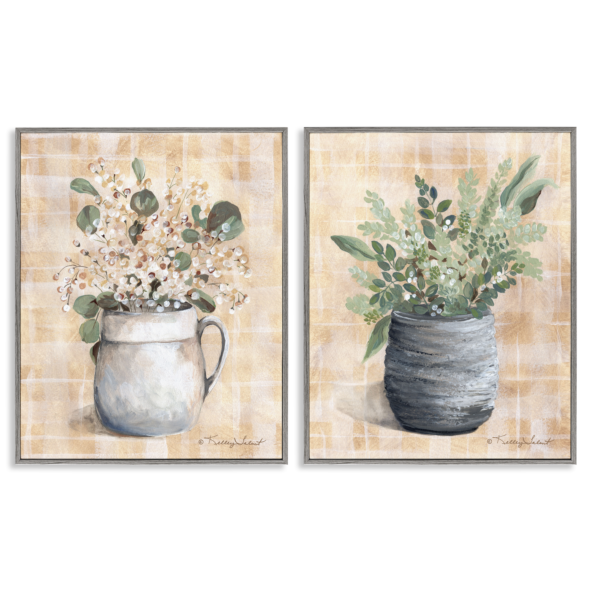 Stupell Industries Traditional Flowers Pitcher Pot Plants & Flowers Painting Gray Framed Art Print Wall Art, 11 x 14, Set of 2