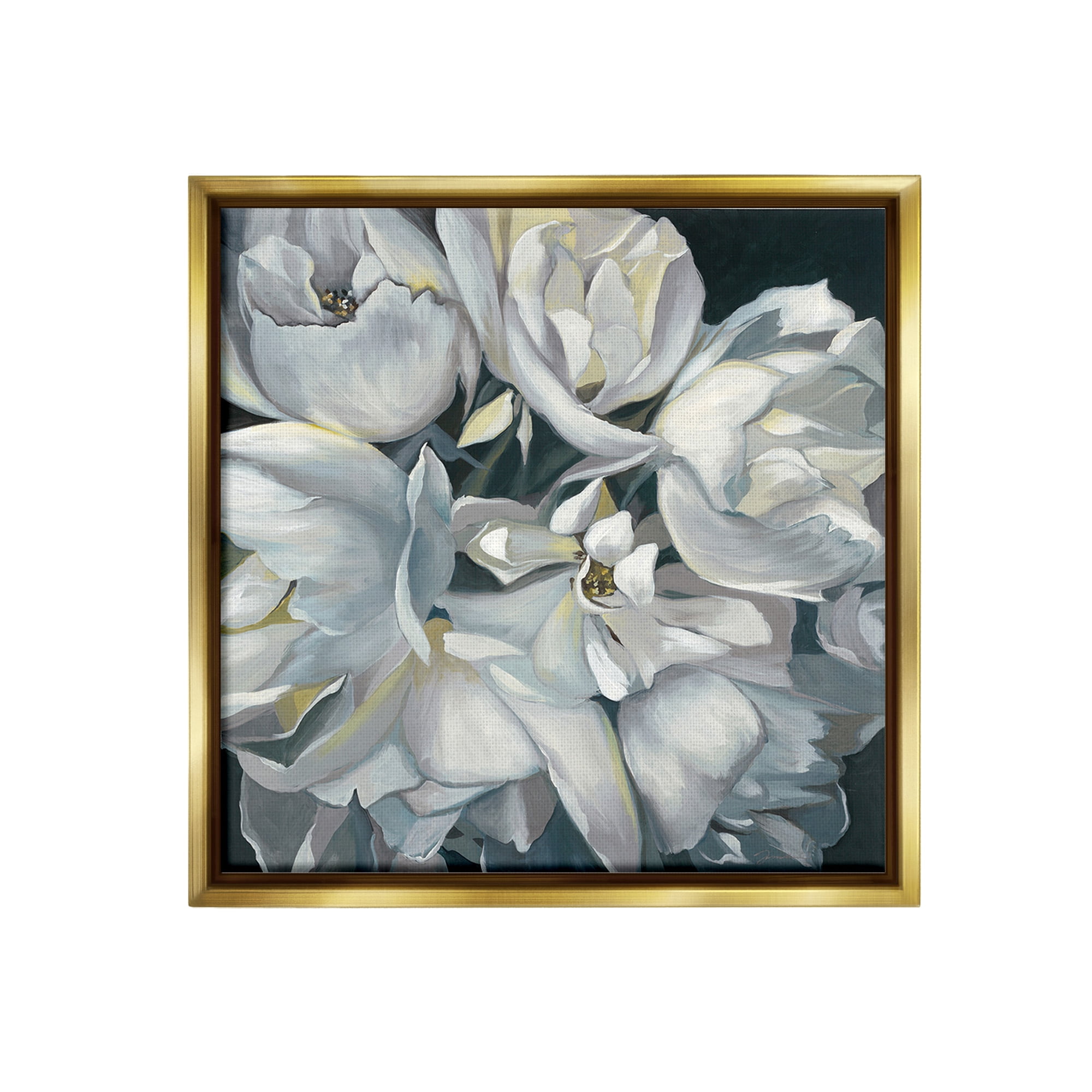 Stupell Industries Traditional Grey Blossom Botanical & Floral Painting Gold Floater Framed Canvas Art Print Wall Art, 18 x 18