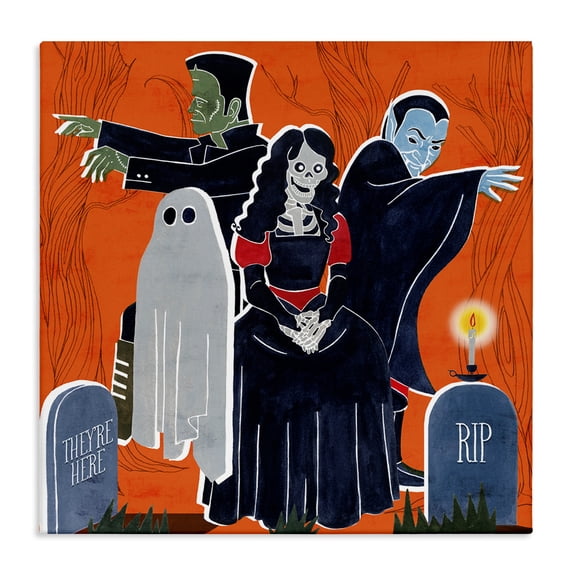 Stupell Industries Traditional Halloween Graveyard Monsters Vibrant Orange Pop Canvas Art, 17 x 17, by Grace Popp