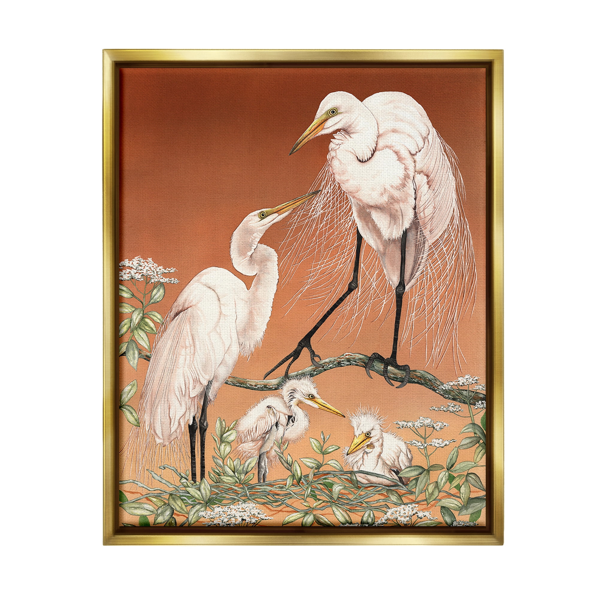 Stupell Industries Traditional Heron Family Animals & Insects Painting Gold Floater Framed Canvas Art Print Wall Art, 17 x 21