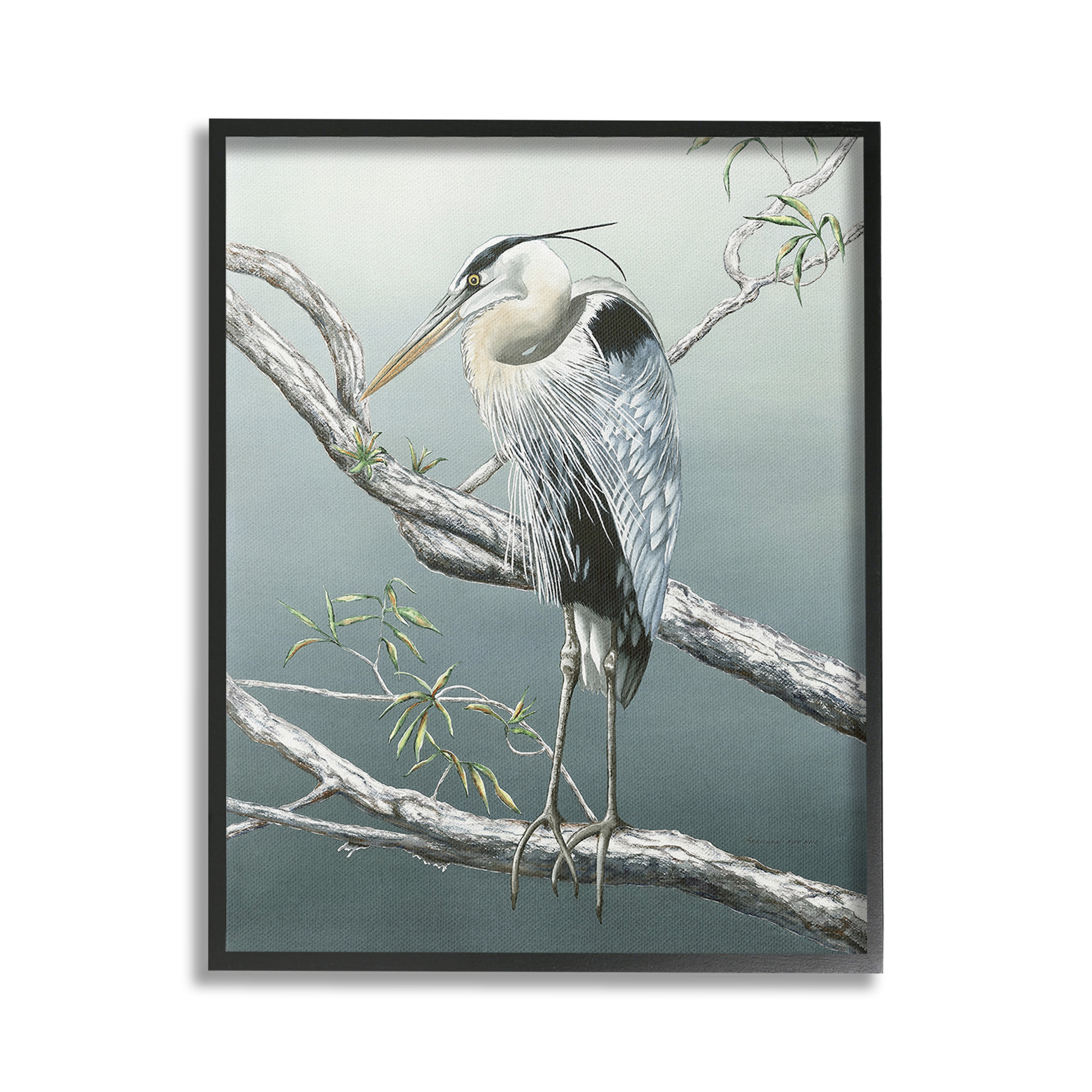 Stupell Industries Traditional Heron on Branch Animals & Insects Painting Black Framed Art Print Wall Art, 24 x 30