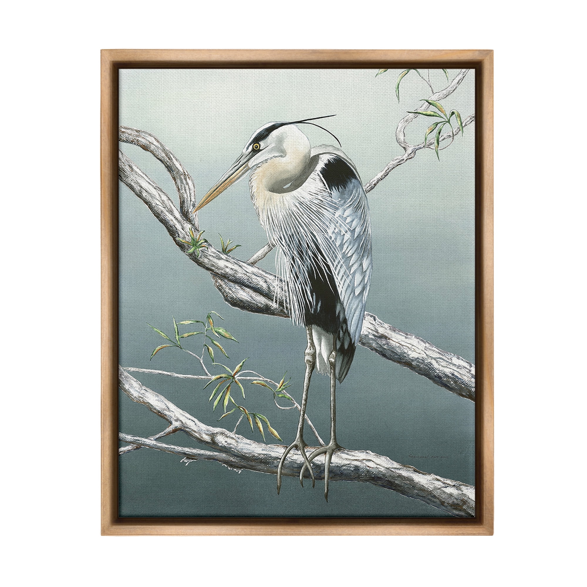 Stupell Industries Traditional Heron on Branch Animals & Insects Painting Brown Floater Framed Canvas Art Print Wall Art, 17 x 21
