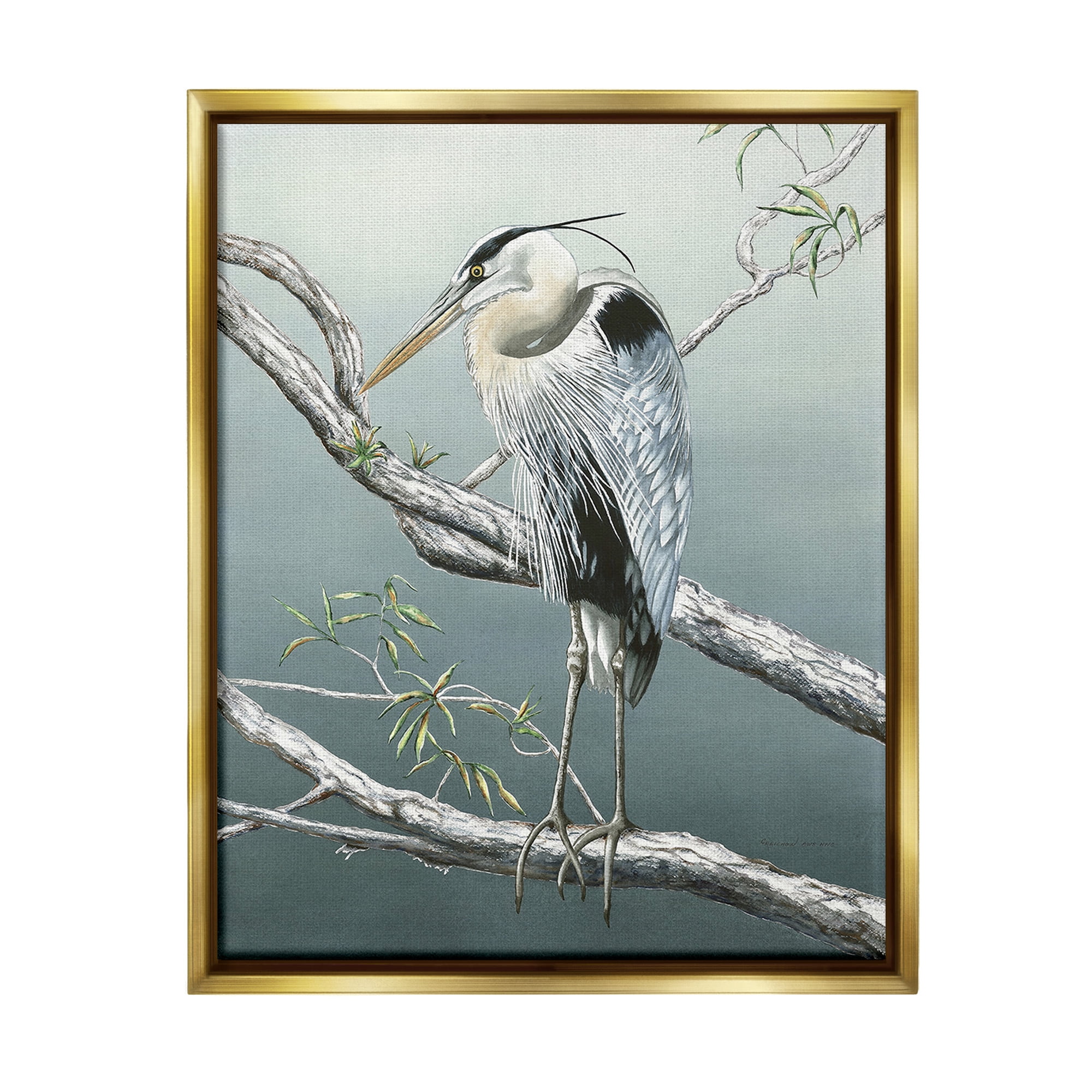 Stupell Industries Traditional Heron on Branch Animals & Insects Painting Gold Floater Framed Canvas Art Print Wall Art, 17 x 21