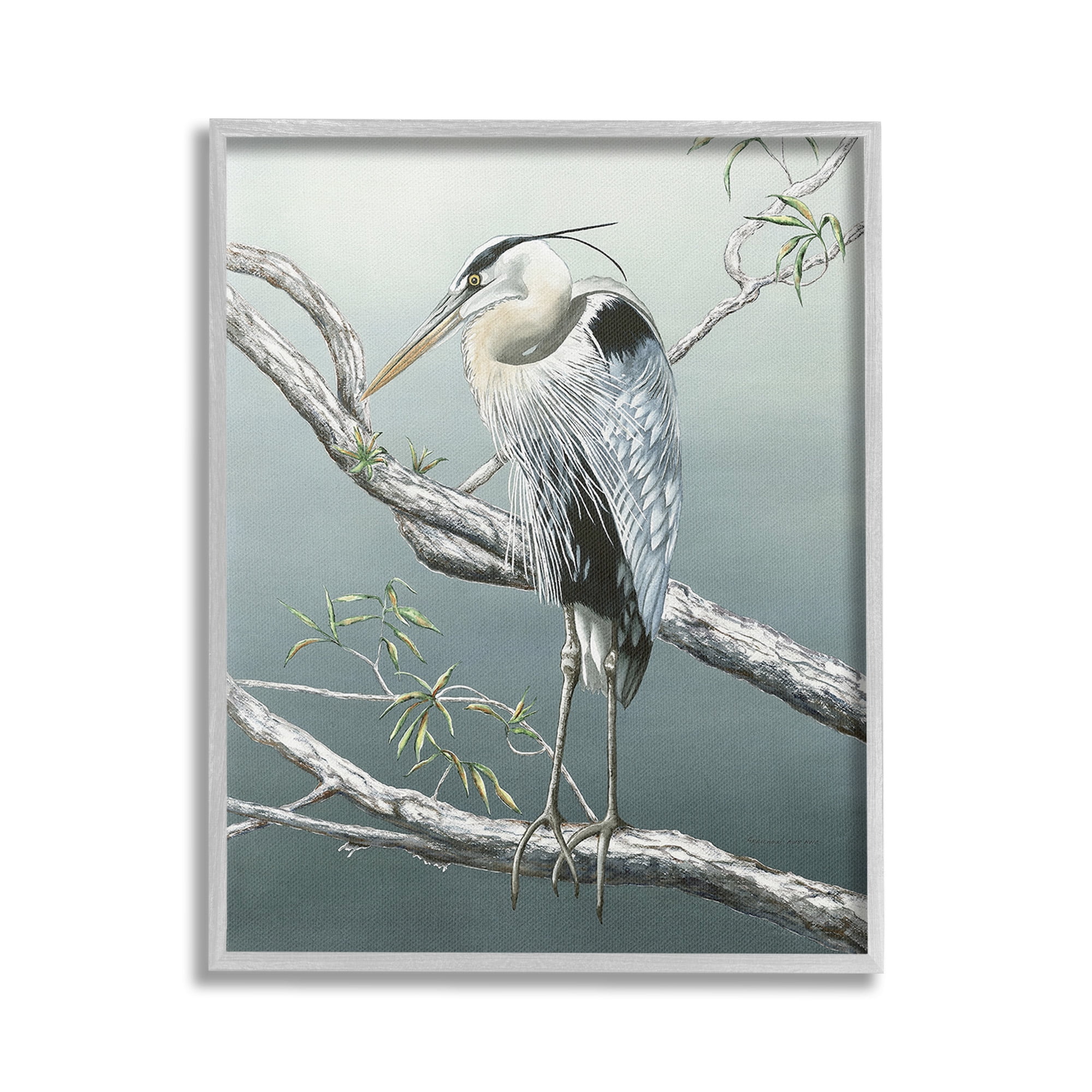 Stupell Industries Traditional Heron on Branch Animals & Insects Painting Gray Framed Art Print Wall Art, 16 x 20