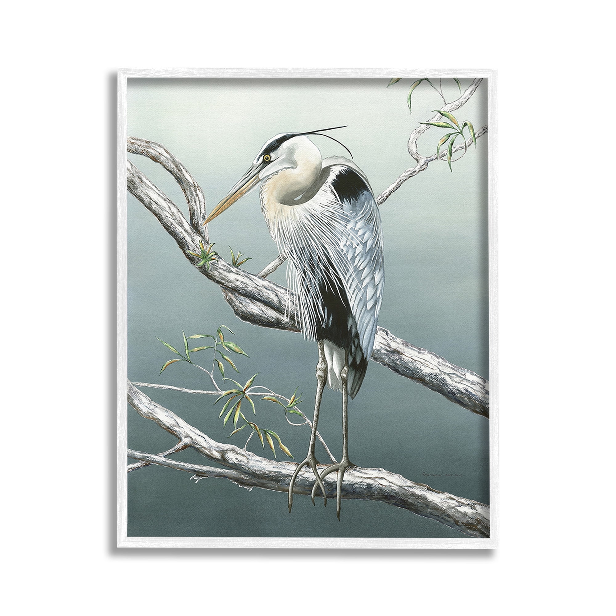 Stupell Industries Traditional Heron on Branch Animals & Insects Painting White Framed Art Print Wall Art, 11 x 14